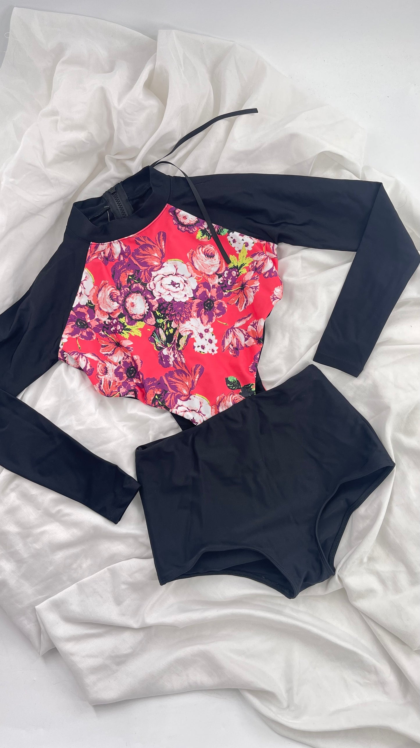 BEACH RIOT x Free People Black Long Sleeve Swimsuit with Hot Pink Floral Torso and Cut Outs (XS)