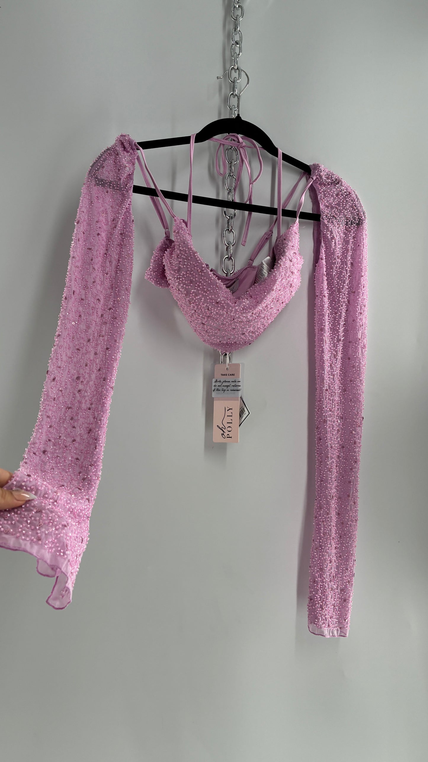 Princess Polly Beaded Shrug, Drape Front Lilac Long Sleeve with Tags Attached (6)