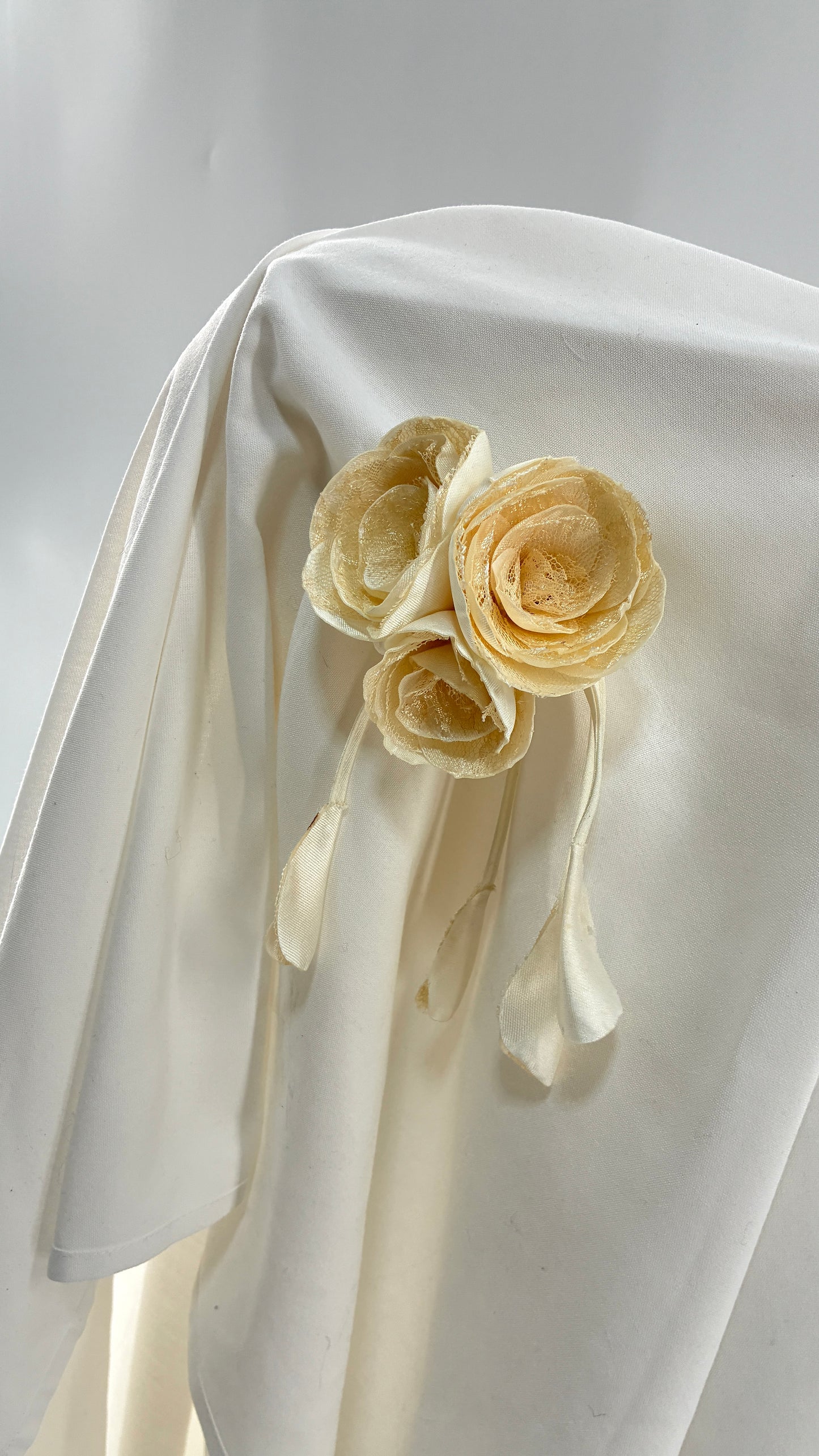 Vintage Brooch Pin: Oversized Rosette Cluster of Handmade Off White Satin and Lace Flowers with Pearl Center