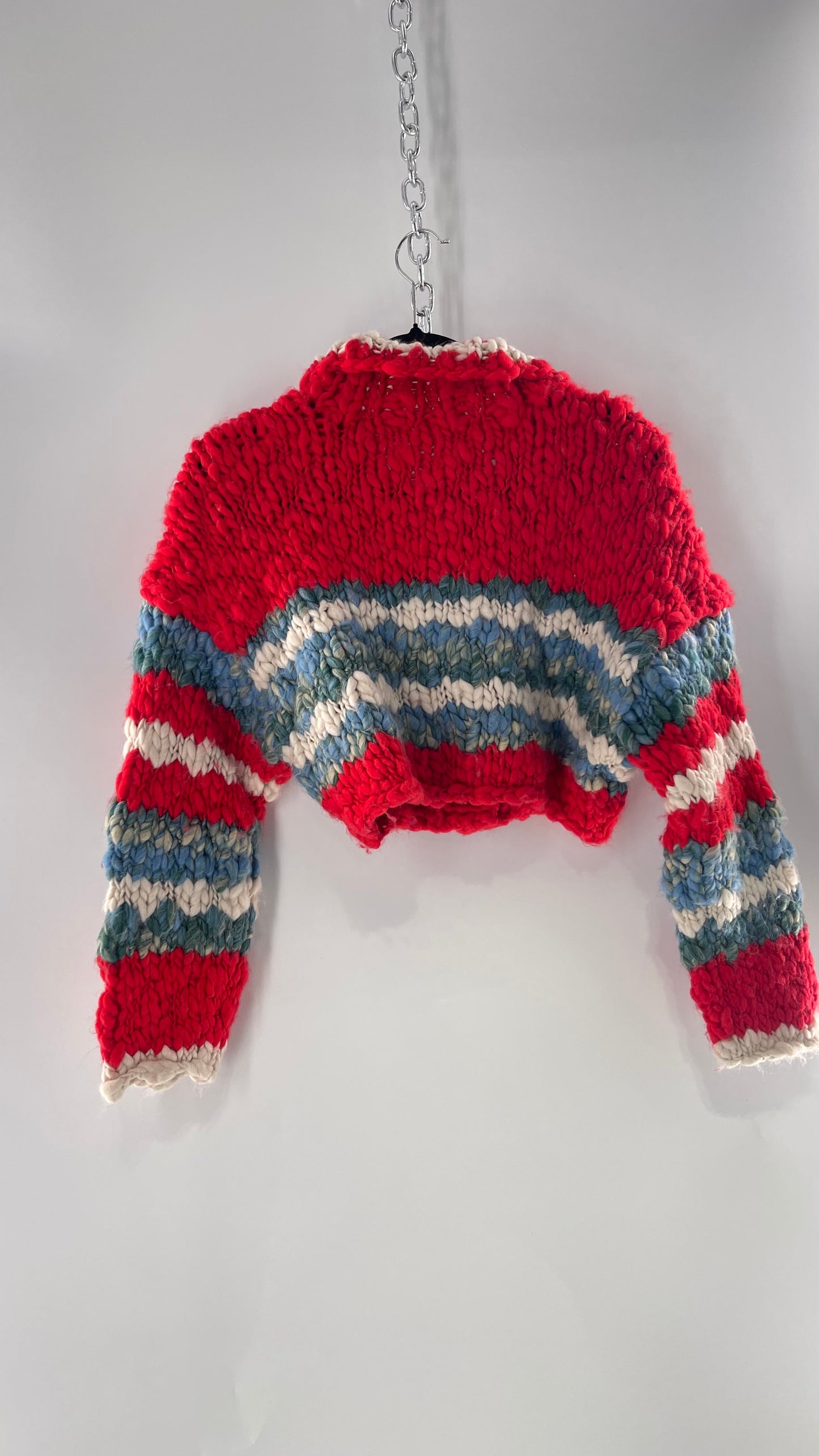 BDG Urban Outfitters Thick Knit Red White Blue Chunky Cropped Striped Cardigan (XS)