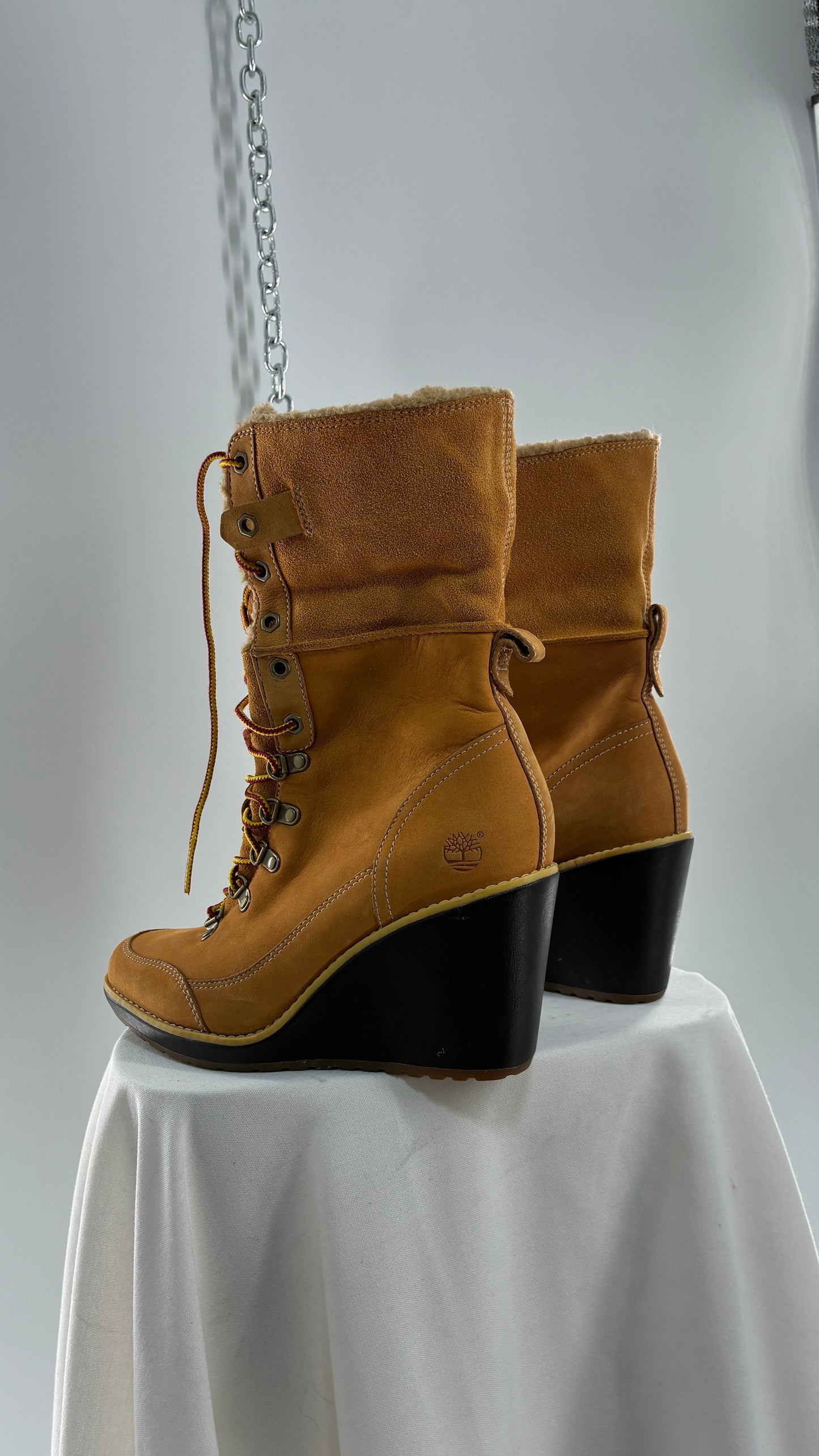 Vintage TIMBERLAND Wedge Boots Suede Leather Tie Up Heels (7.5)