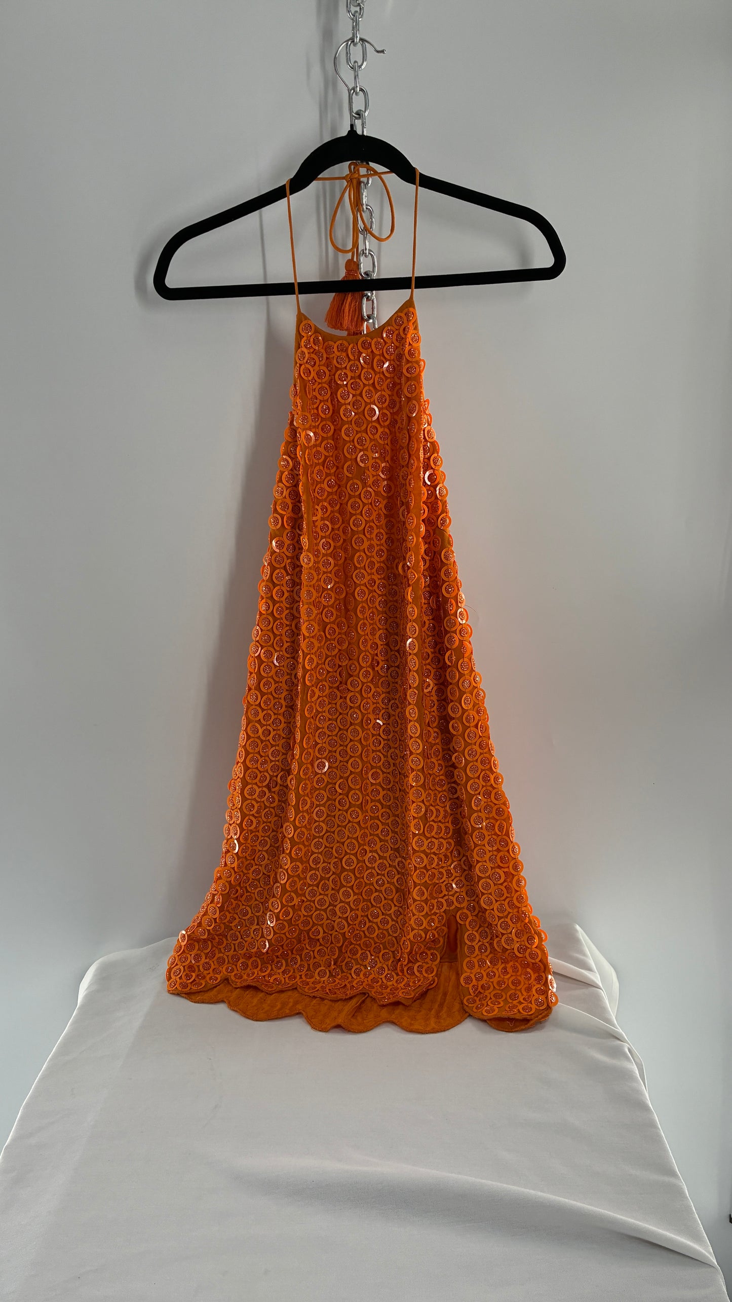 X by NBD Orange Backless Halter Mini Dress with Scalloped Hem, Covered in Beads and Sequins (Medium)