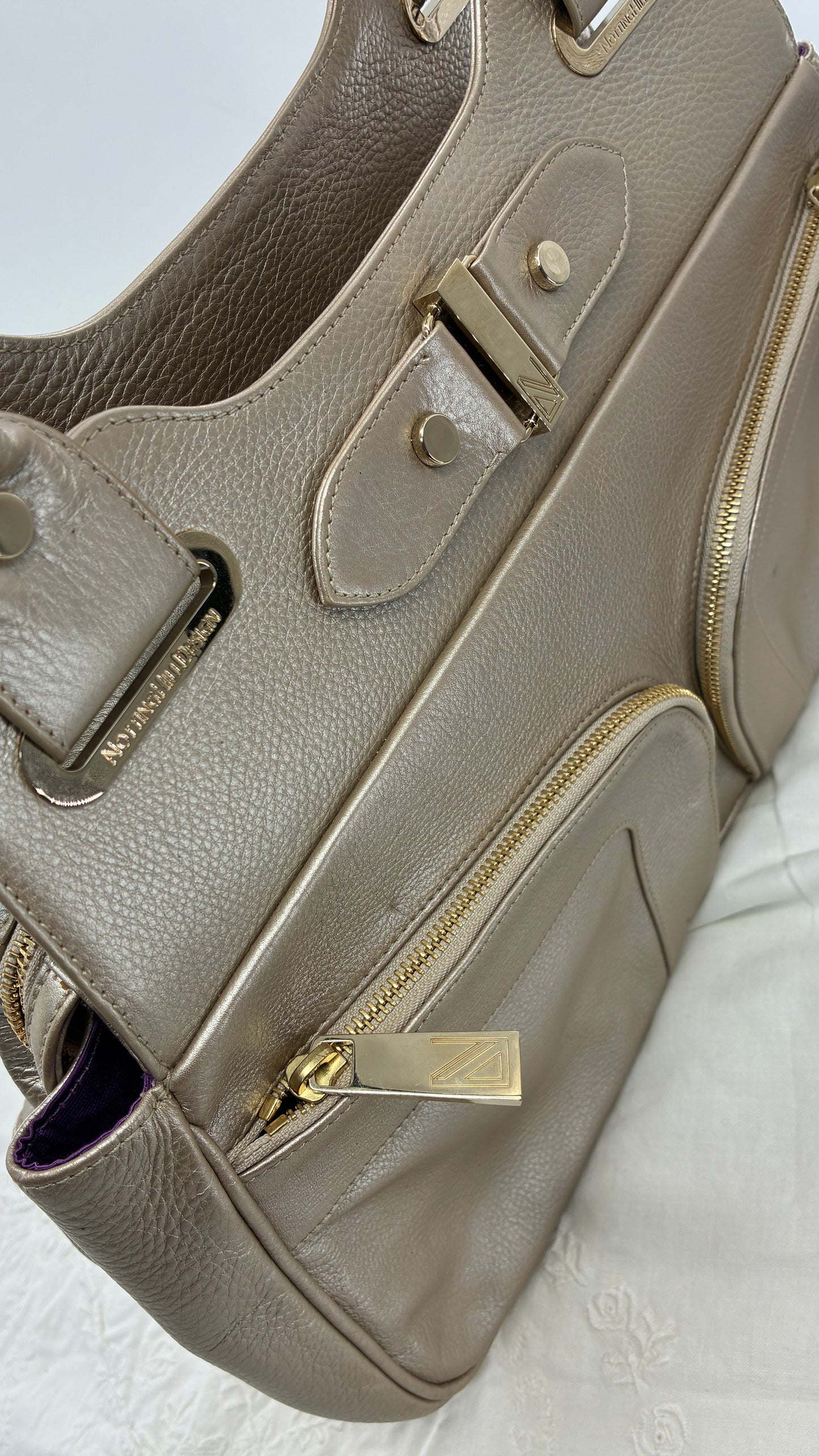 Vintage NOTTINGHILL DESIGNS Westbourne Metallic Champagne Genuine Leather Pocketed Bag with Exaggerated Hardware As Seen on Gossip Girl