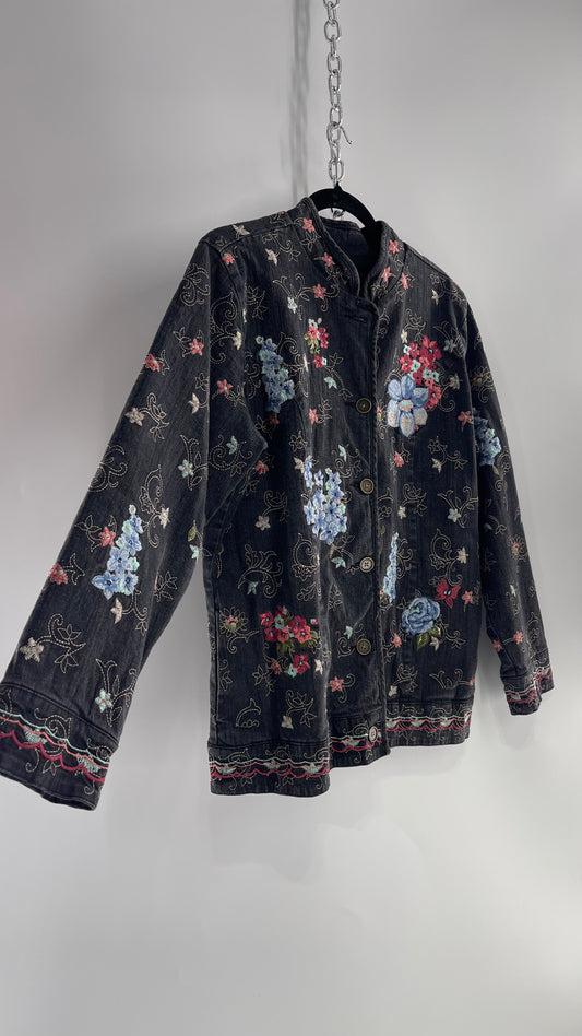 Vintage Gray Denim&Co Jacket Covered in Embroidered Florals (Medium)