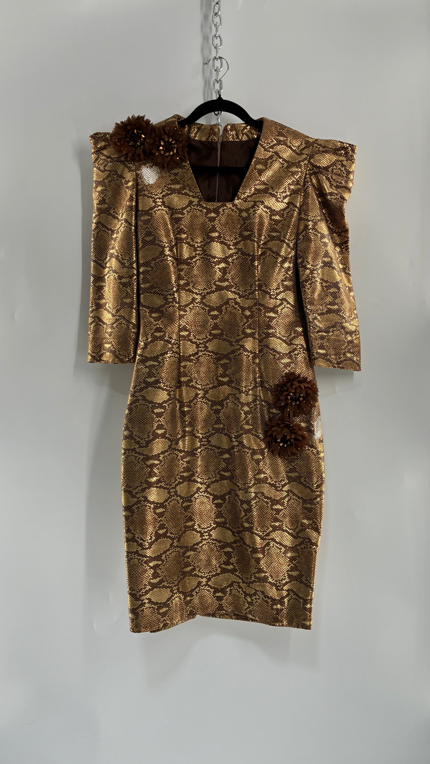 Vintage 1980s Handmade Genuine Leather Snakeskin Bronze Midi Dress with Floral Appliqués (Medium, See Measurements)