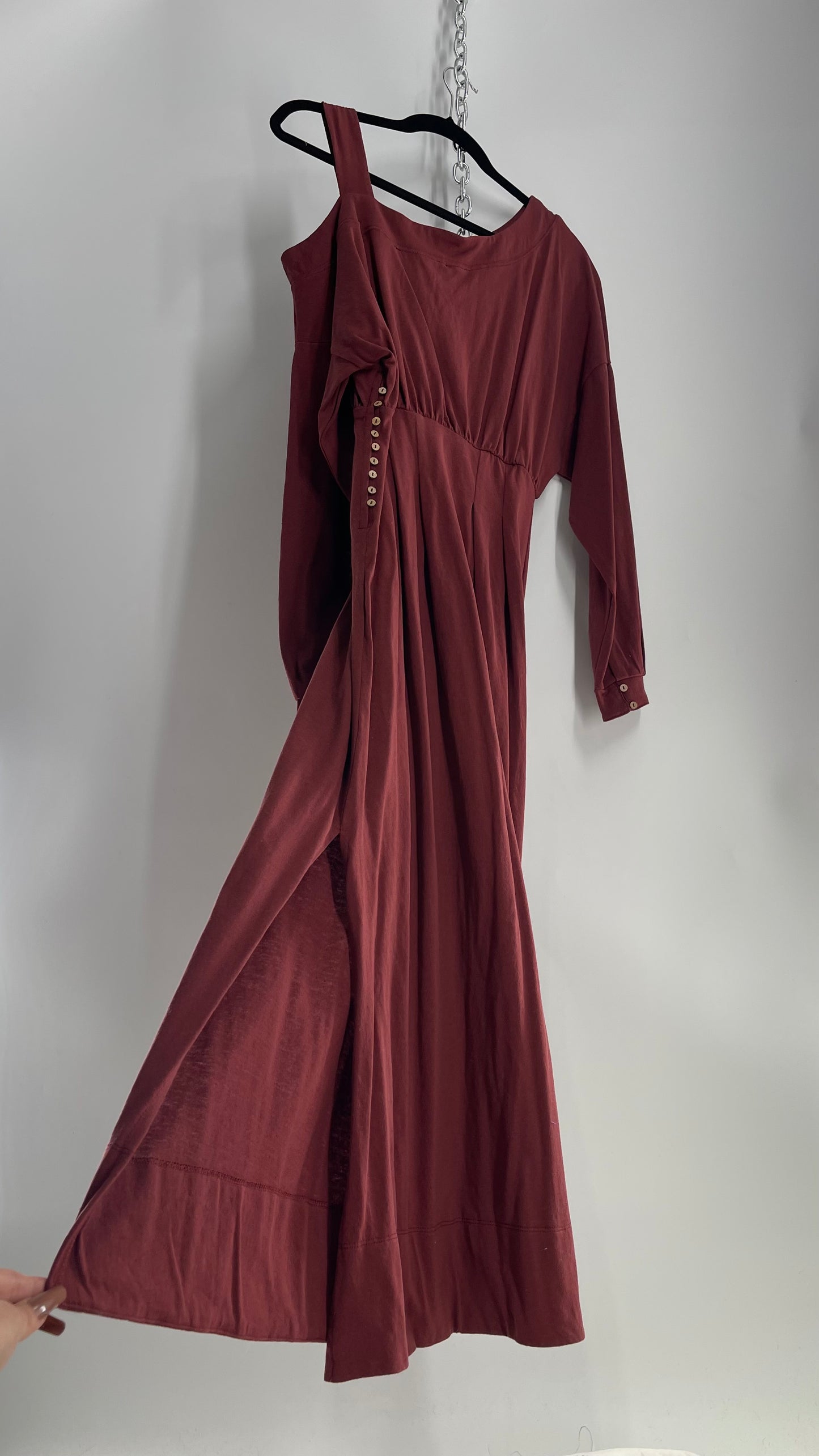 Free People Maroon Bubble Sleeve, Side Button, Off Shoulder Dress (Small)