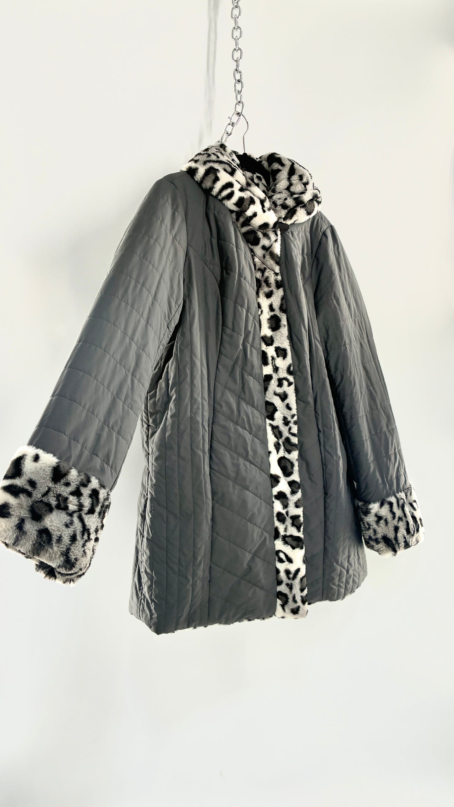 Vintage DENNIS BASSO Reversible Leopard Fur and Quilted, Hooded Coat (Large)