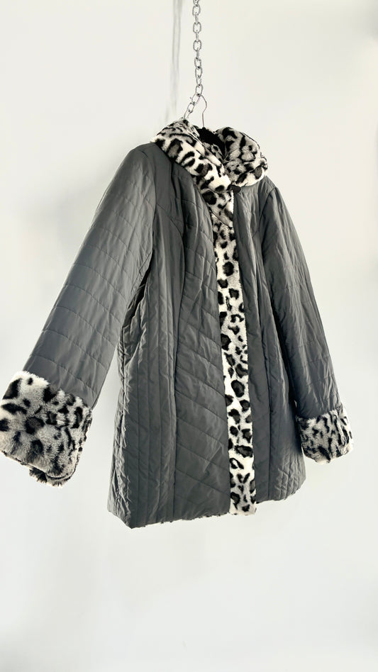 Vintage DENNIS BASSO Reversible Leopard Fur and Quilted, Hooded Coat (Large)