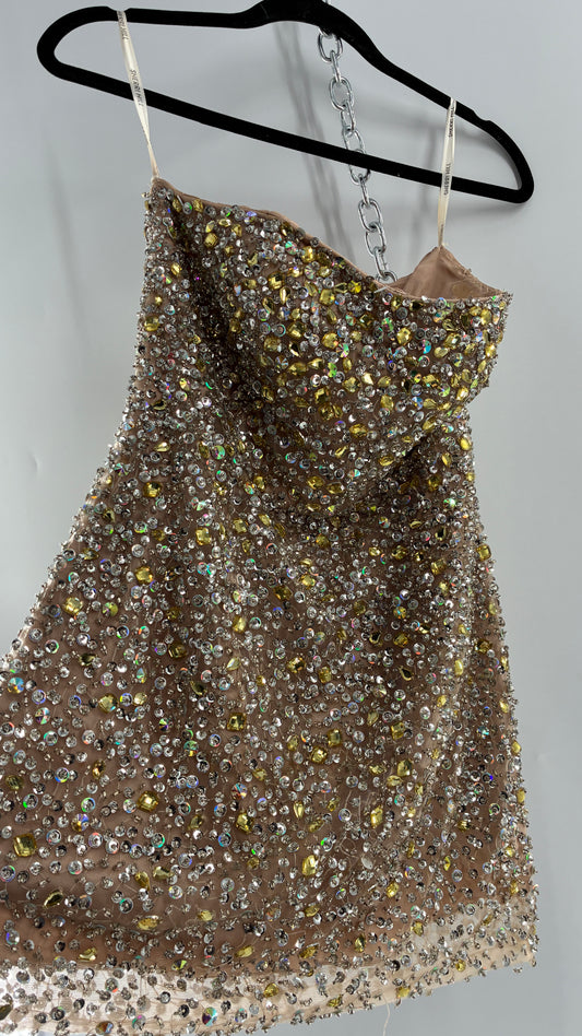 Vintage SHERRI HILL Nude Tan Underlay Mini Dress, Full Bedazzled and Covered in Beads  (6)