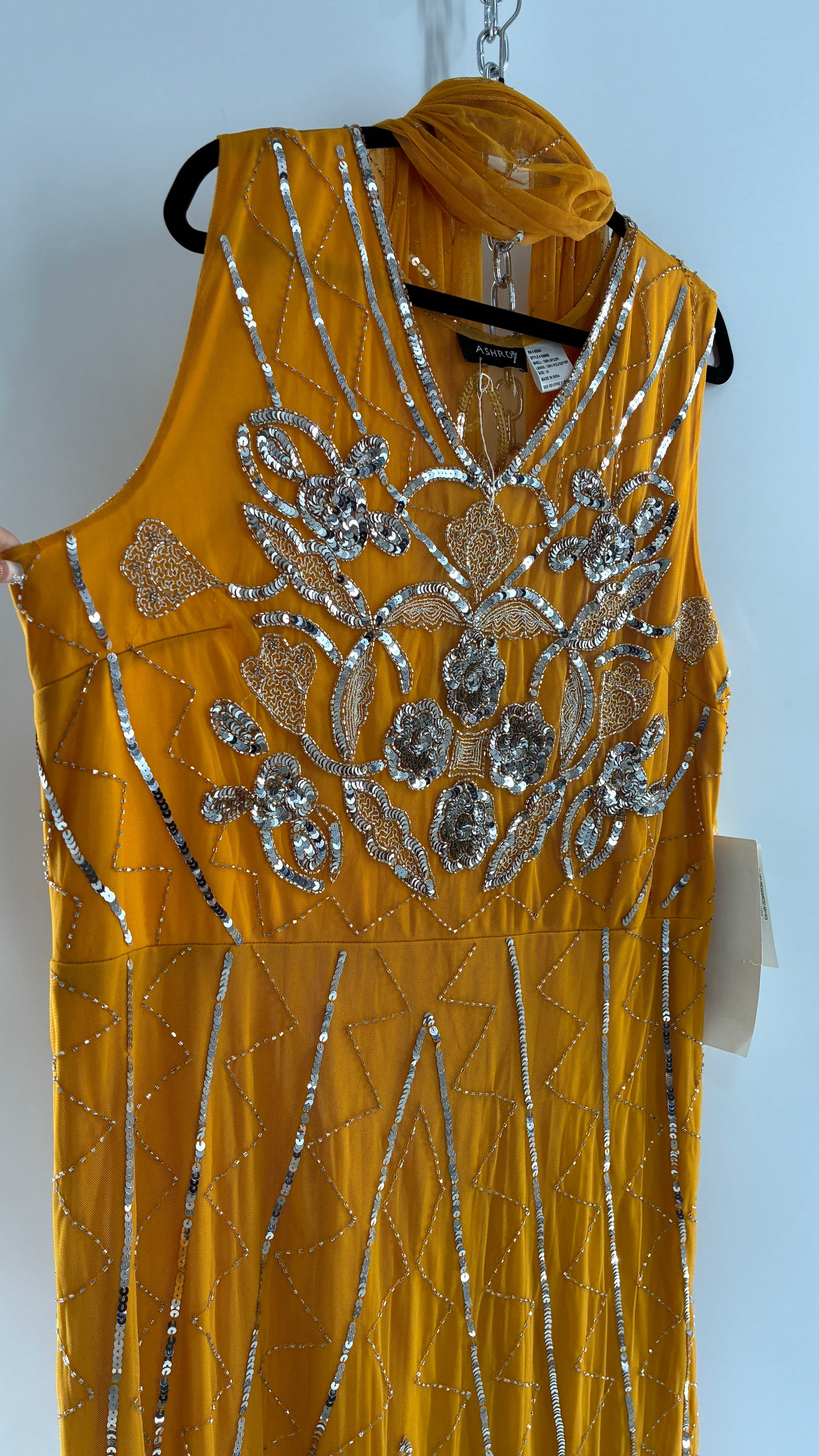Deadstock Vintage ASHRO 1990s Mustard Yellow Dress with Sheer Back, Neck Scarf and Silver Beading (XXL)
