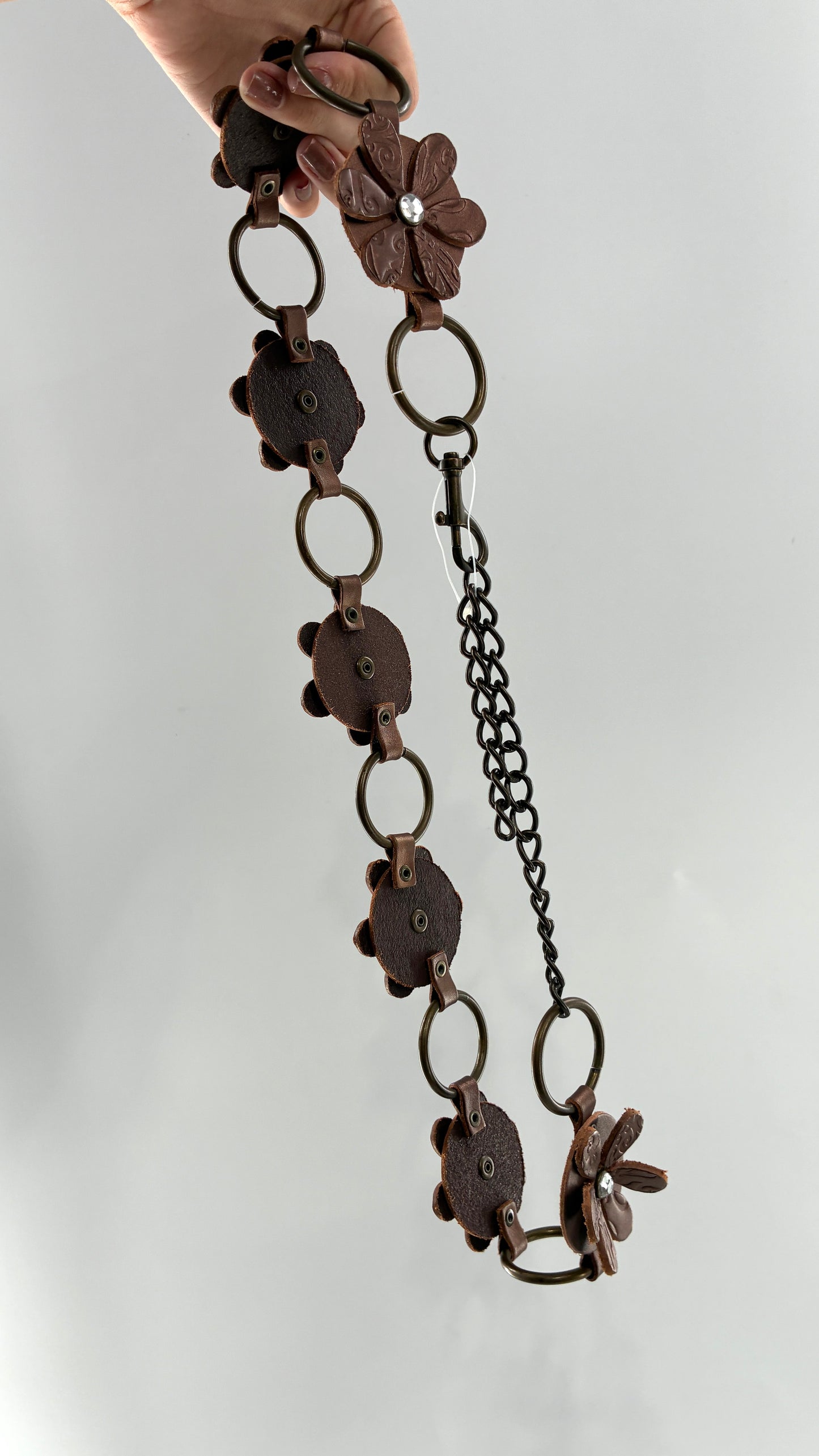 Vintage RELIC Brown Bronze Leather Flower Chain Belt with Rhinestones (M/L)