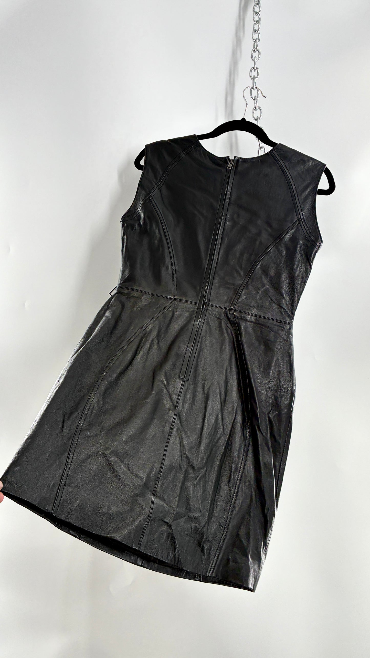 AQUA LUXE Black Leather Bodycon Paneled Dress with Tags Attached (Small)