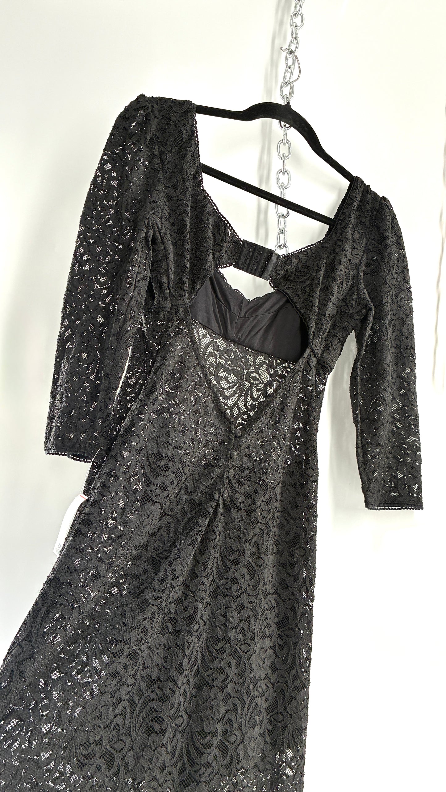 Free People Adored Black Lace Open Back Maxi with Button Bag (Small)