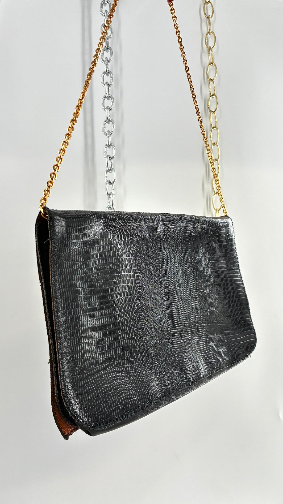Vintage Exotic Genuine Leather Multicolor Reptile-Texture Patchwork Clutch With Chain Strap