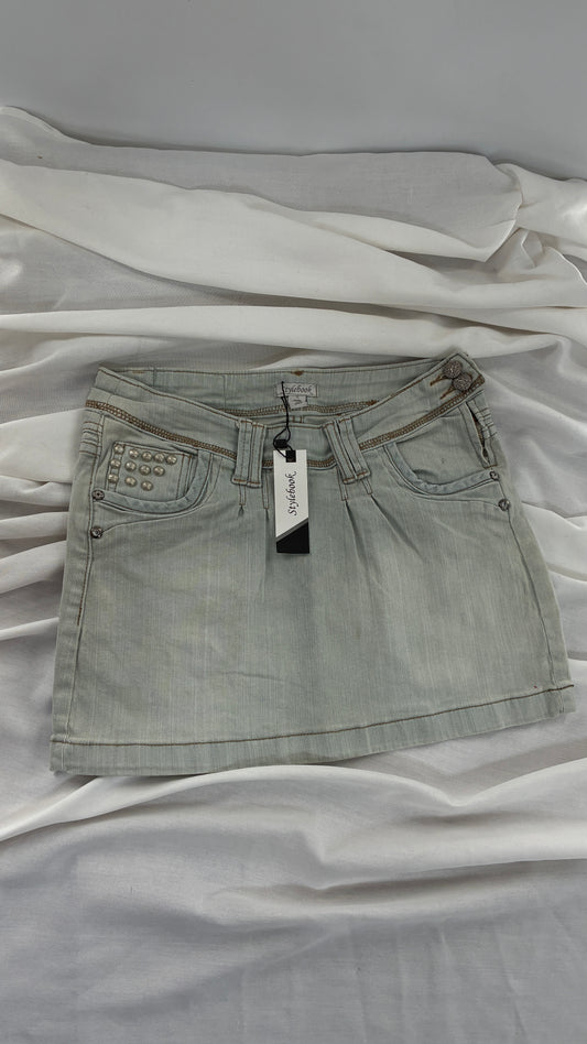 Deadstock Vintage Stylebook Light Denim Mini Skirt with Heavy Engraved Studs and Pleated Details (Small)