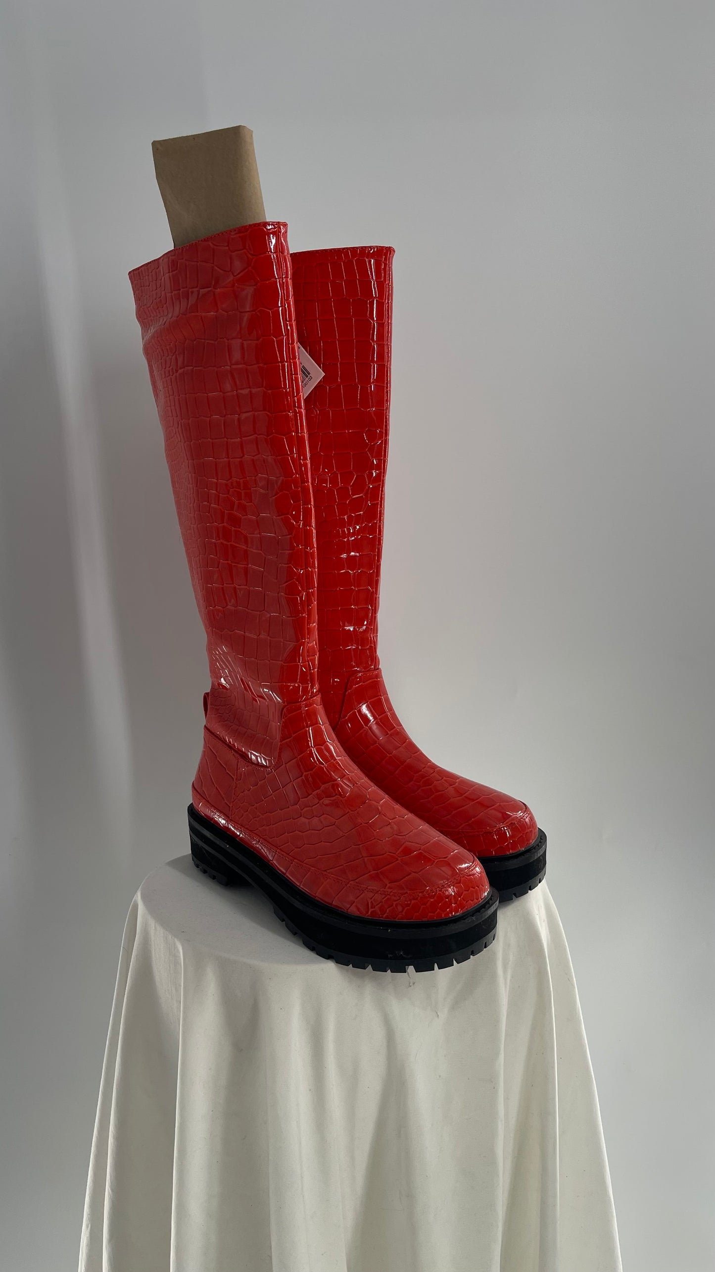 Urban Outfitters Orange Crocodile Embossed Knee High Boots (6)