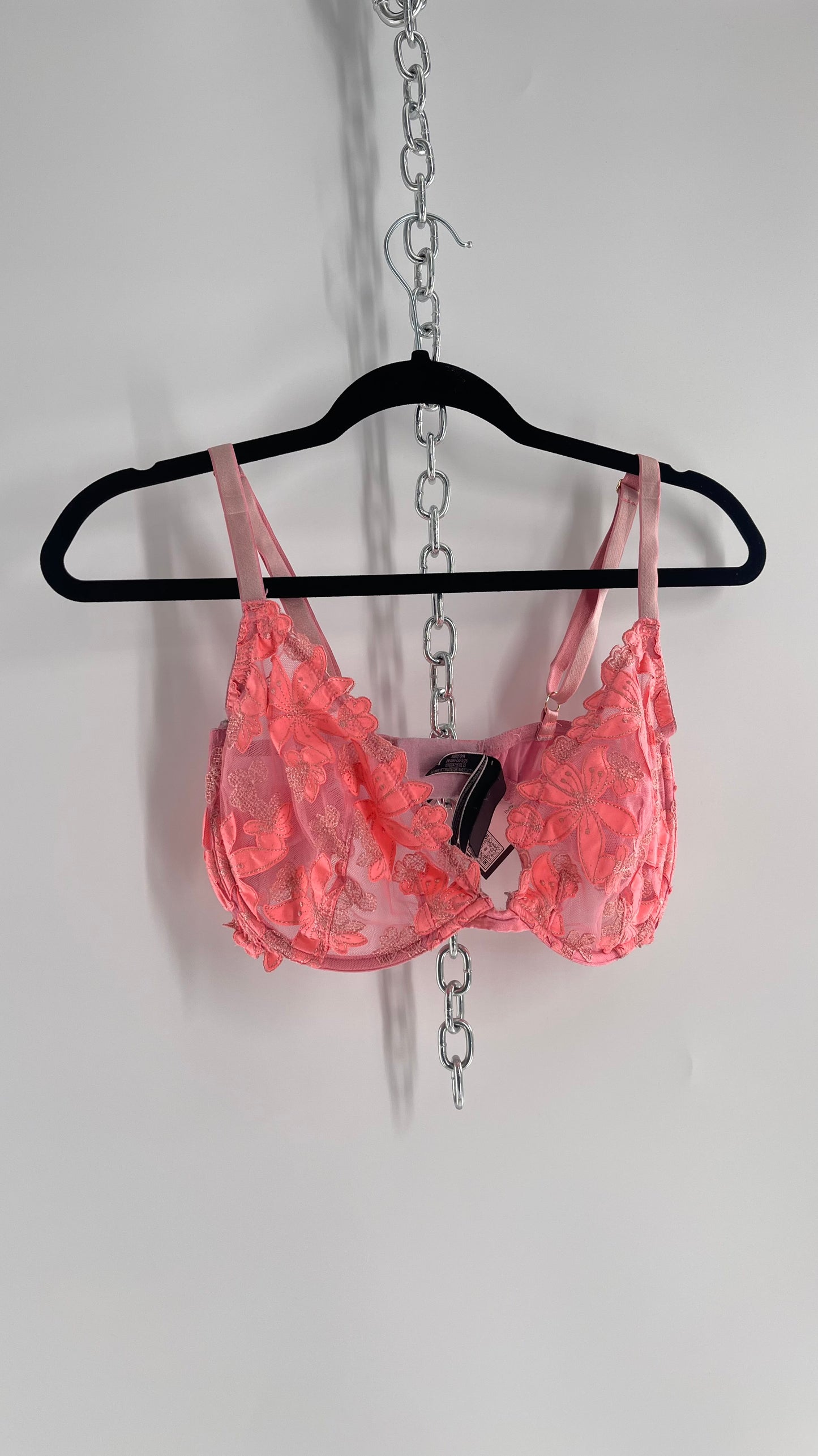 Vintage Victorias Secret Neon Pink Mesh Bra with Floral Appliqués (36DDD)