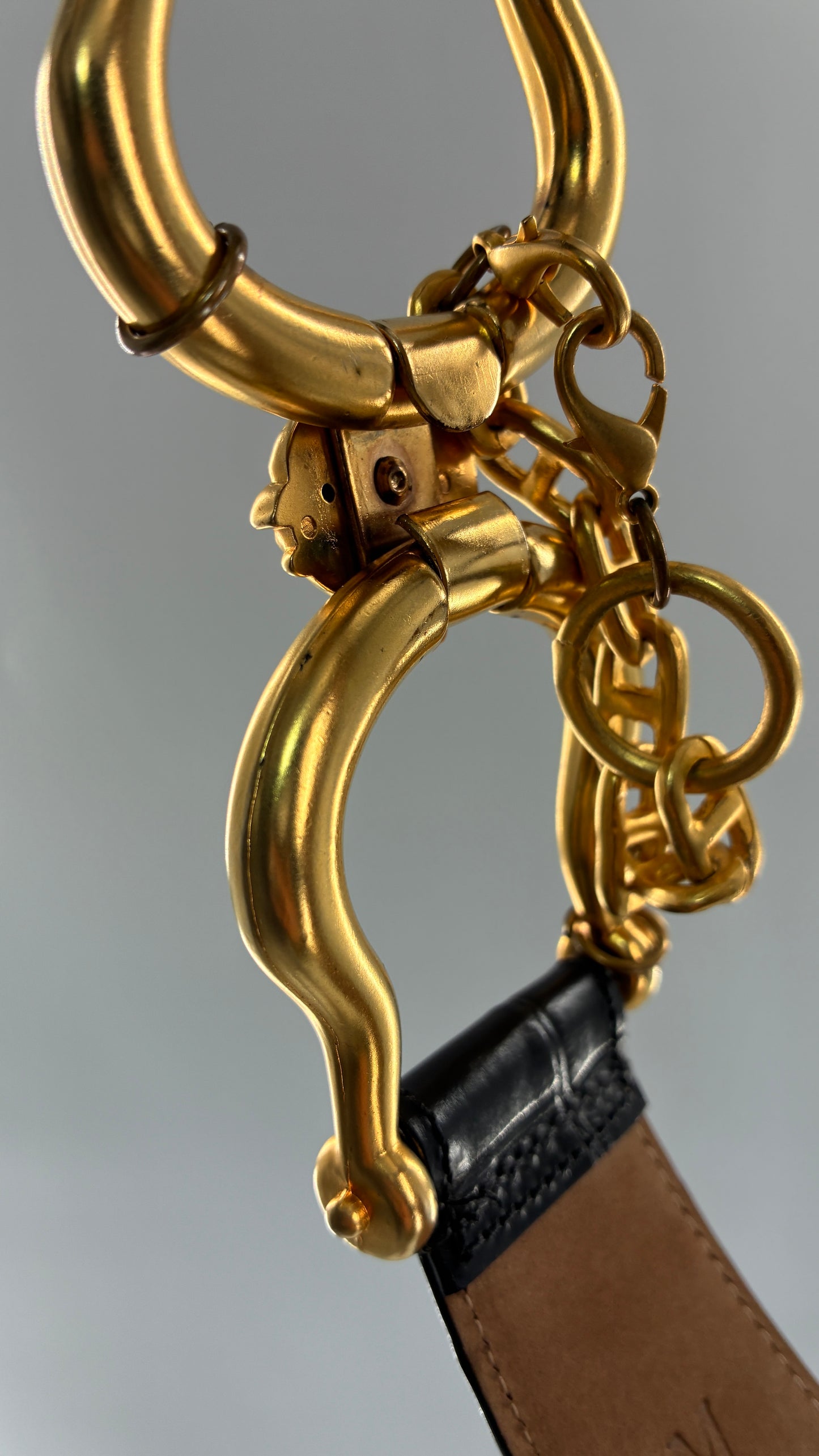 Vintage WCM New York Genuine Calfskin Belt with Golden Sculptural Horse Head Door-Knocker Buckle and Chain Detail  (Medium)