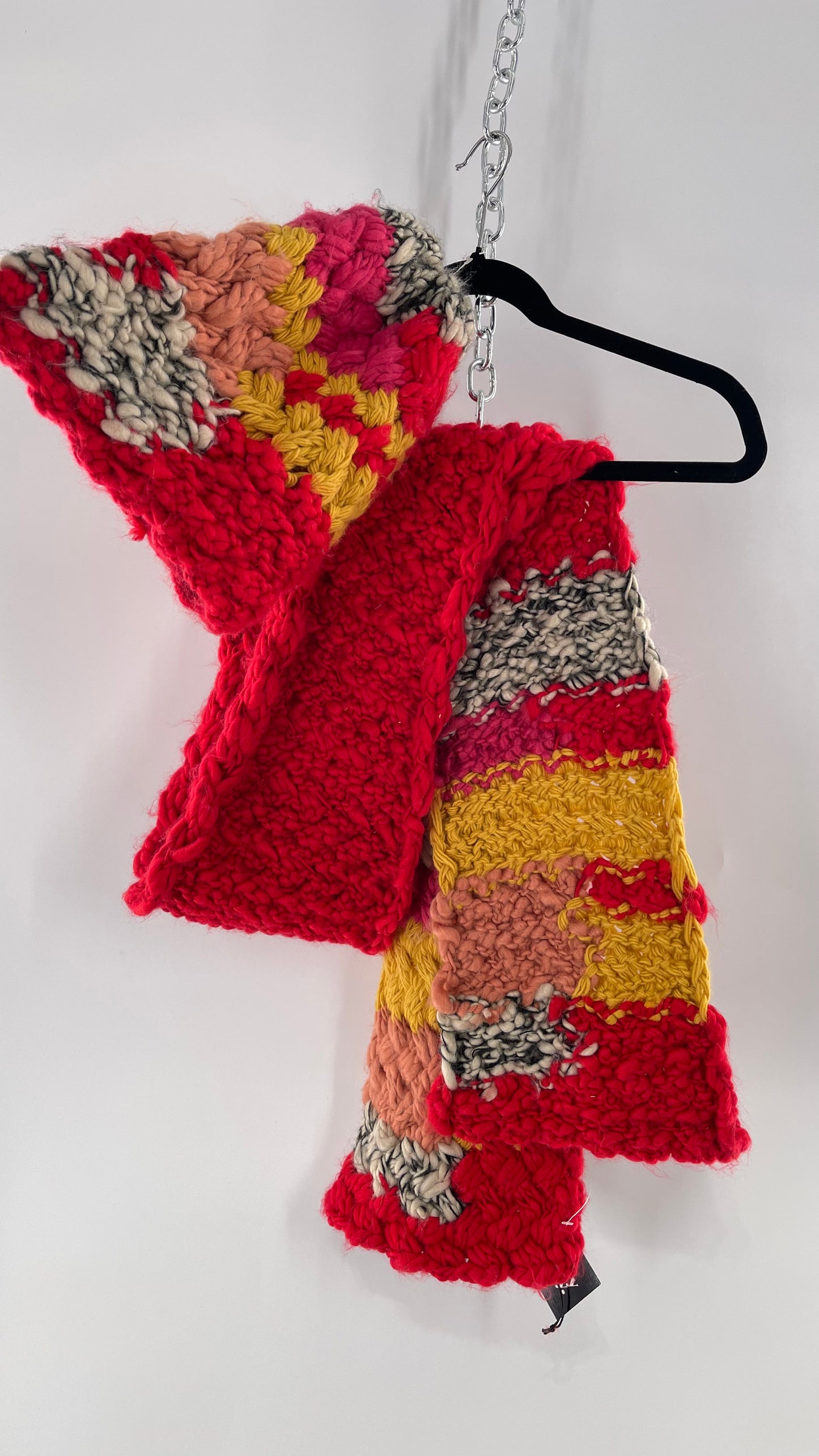Anthropologie Hand Knit Red/Peach/Yellow Scarf and Beanie Set