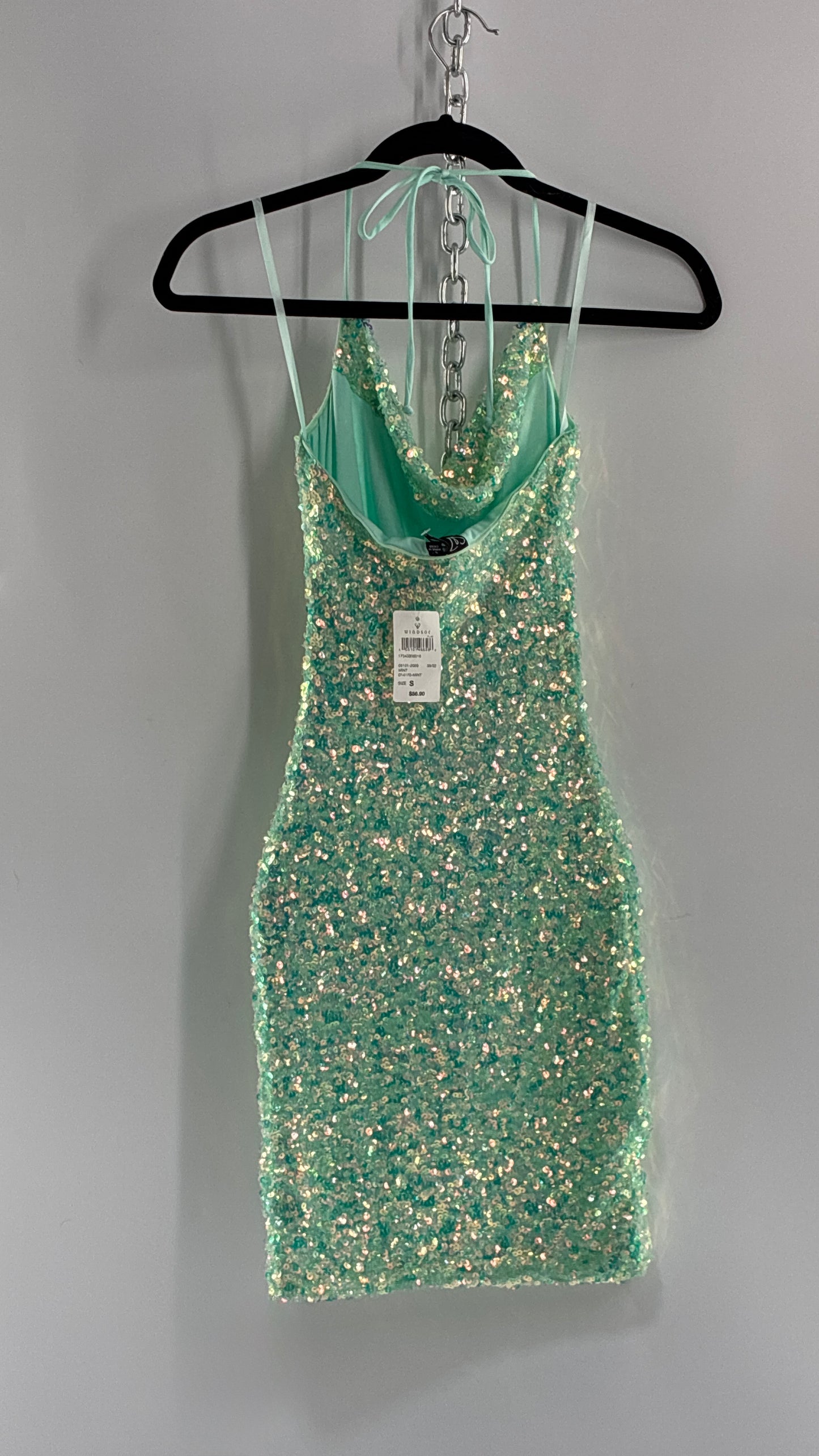 WINDSOR Aqua Blue Sequin Mini Dress with Draping Bustline and Tags (Small)