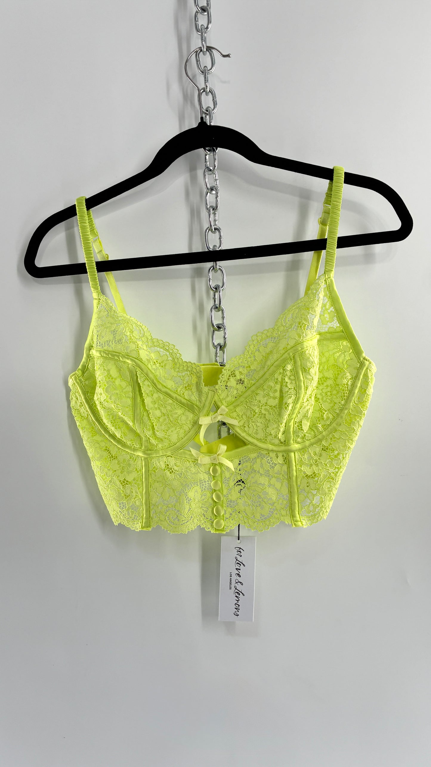 For Love & Lemons Lime Green Corseted Lace Bralette with Strappy Back and Tags Attached (38C)