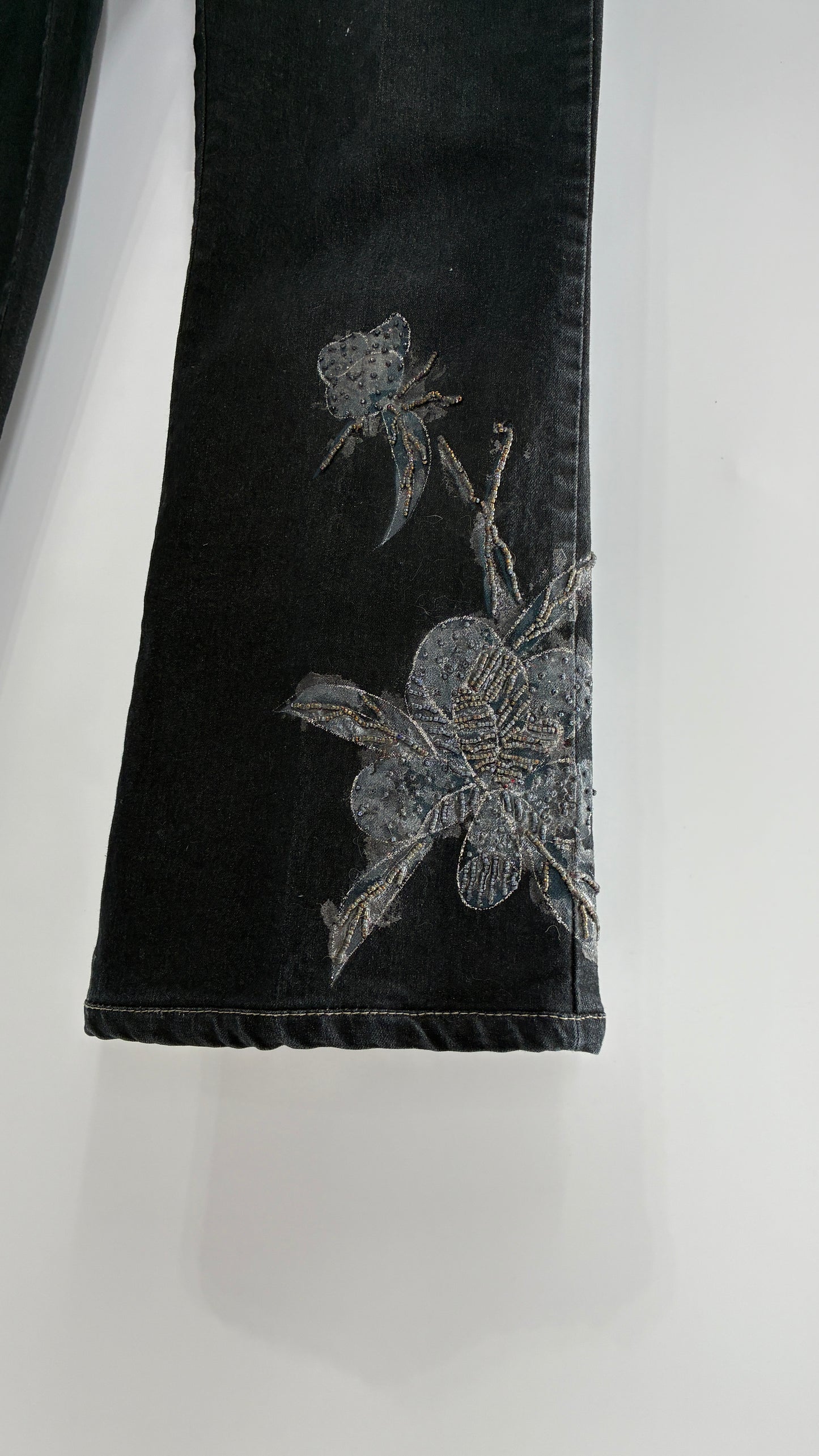 Vintage TEMCHE JEANS Dark Wash Jeans with Painted, Beaded Florals