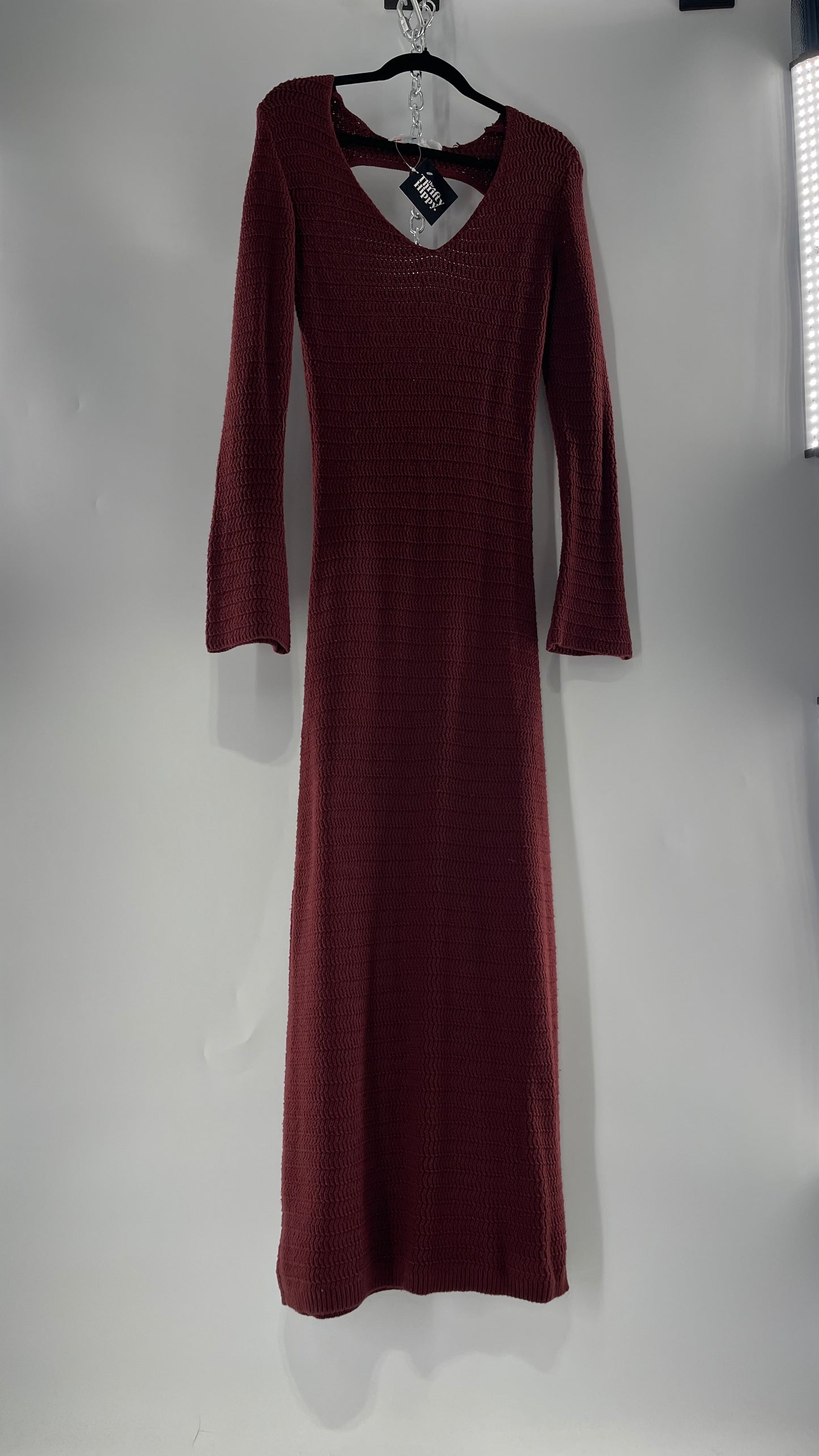 Free People Burgundy Knit Maxi Dress with Open Back and Bell Sleeves (Small)