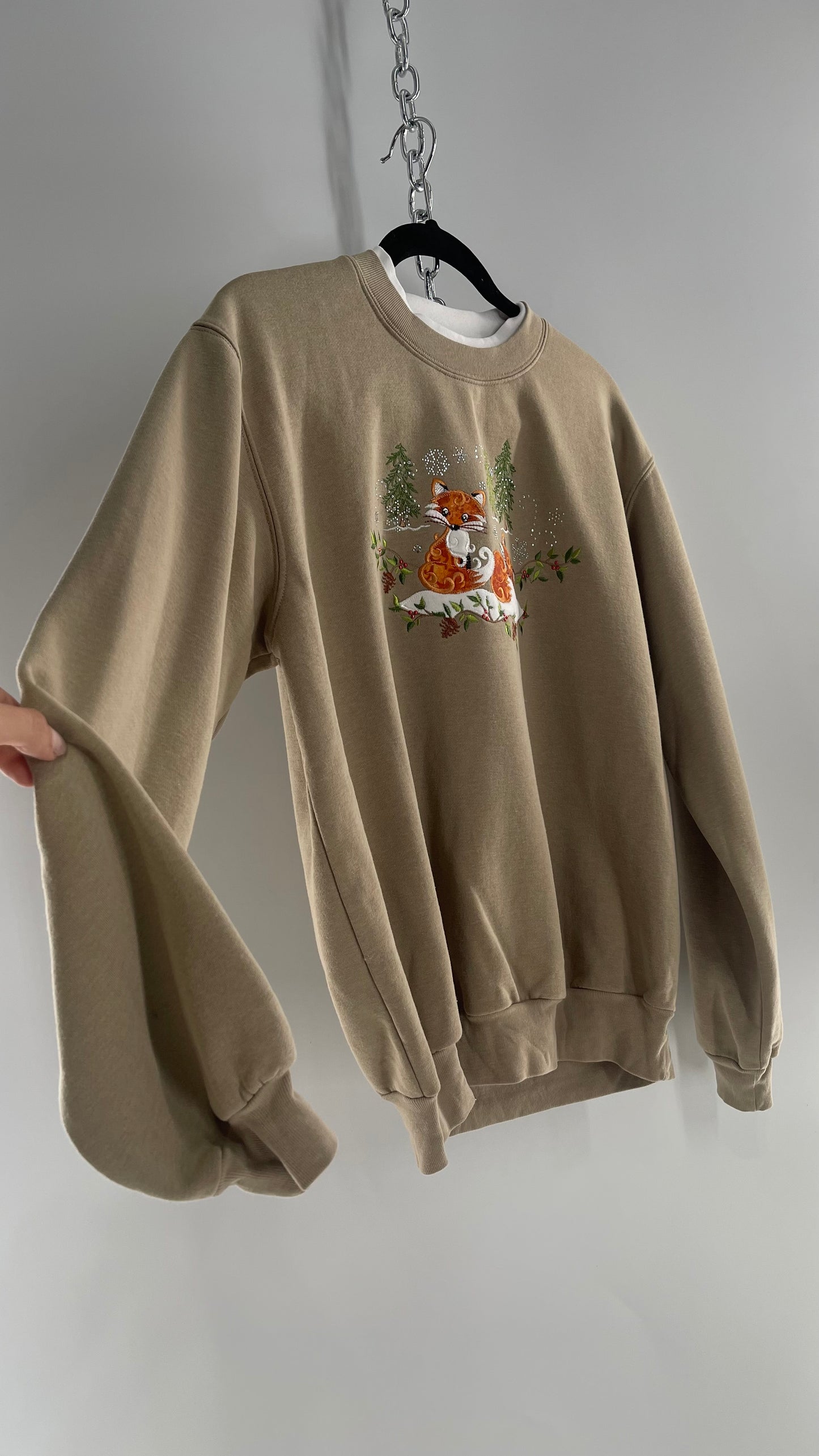 Vintage Fox Embroidered Boxy Sweater with Built In Turtle Neck (Medium)