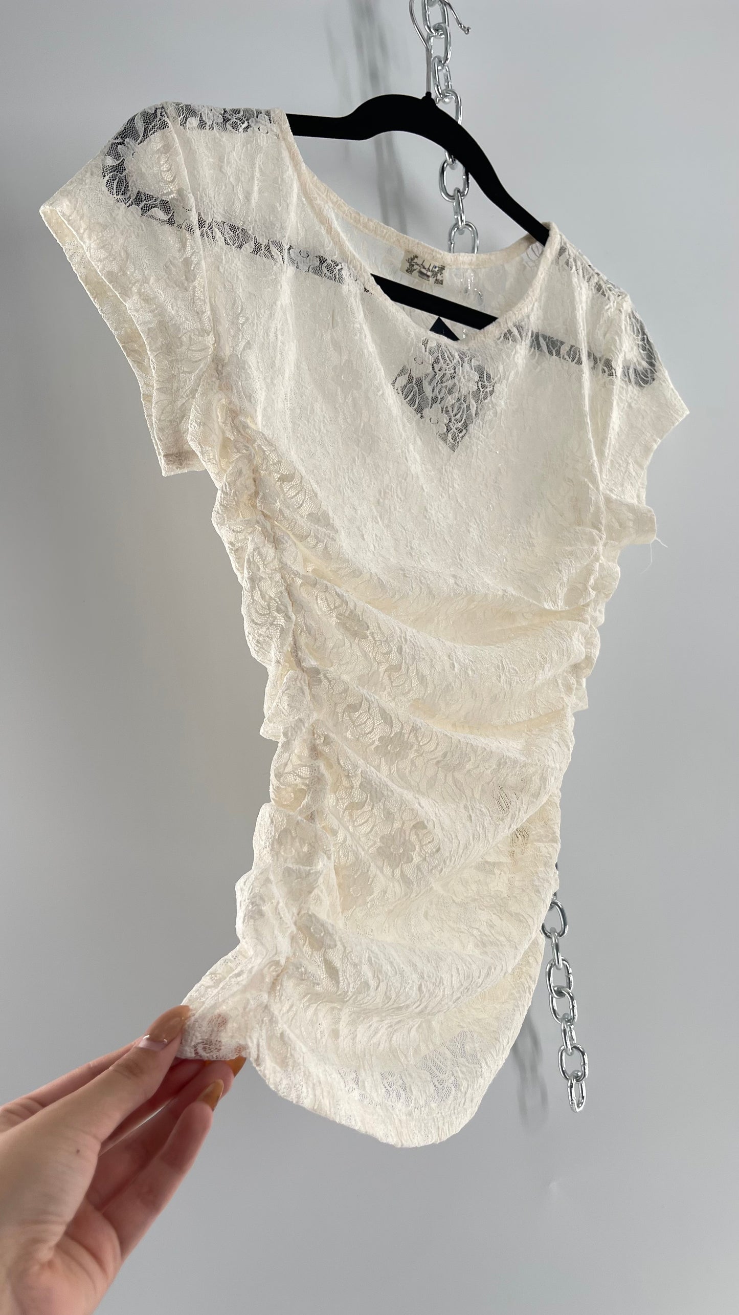 Free People Ivory Lace Ruched T Shirt (Small)
