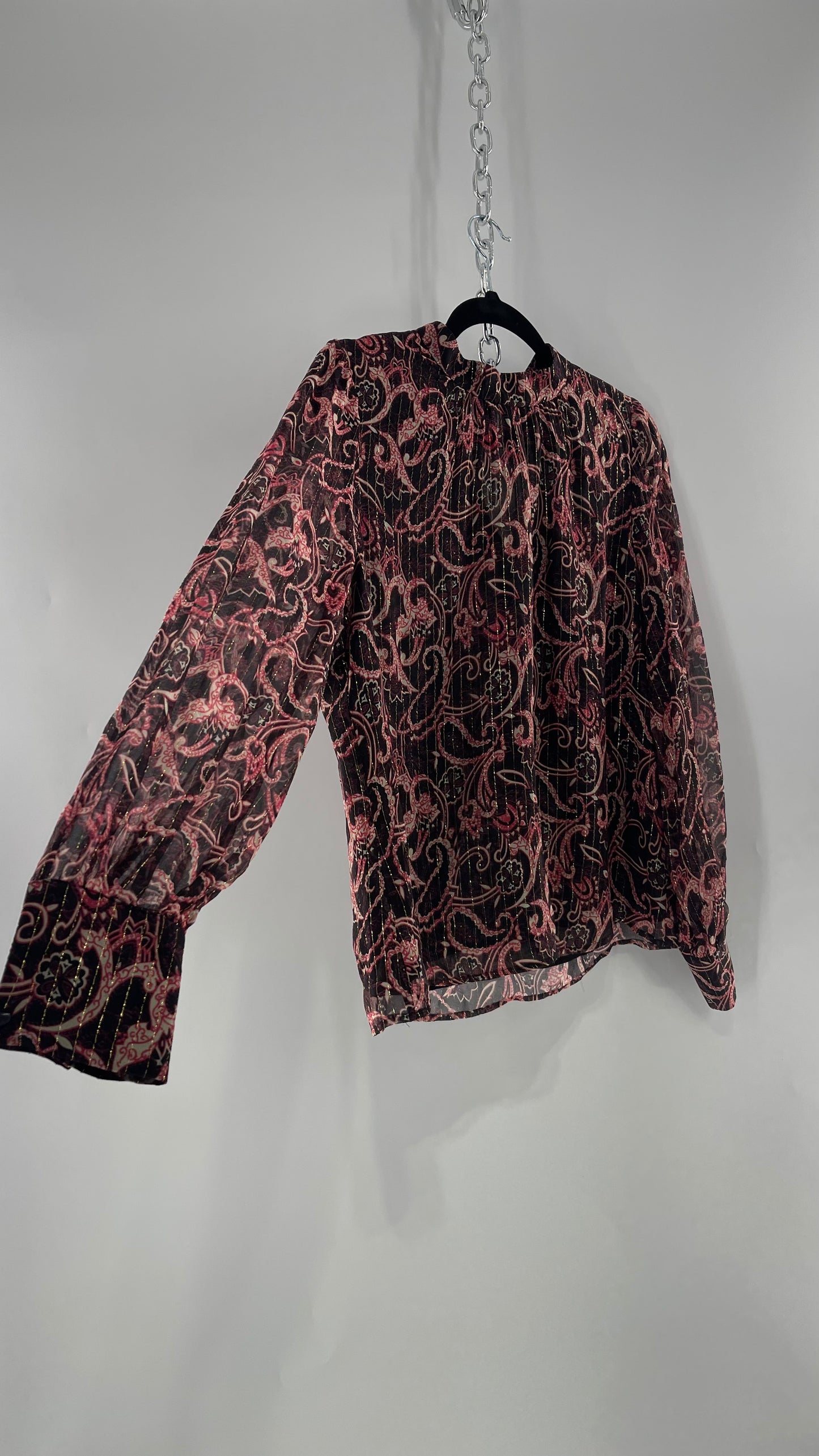 Kachel 95% Silk Black Paisley Blouse with Gold Tinsel Bessie Anthropologie (6)