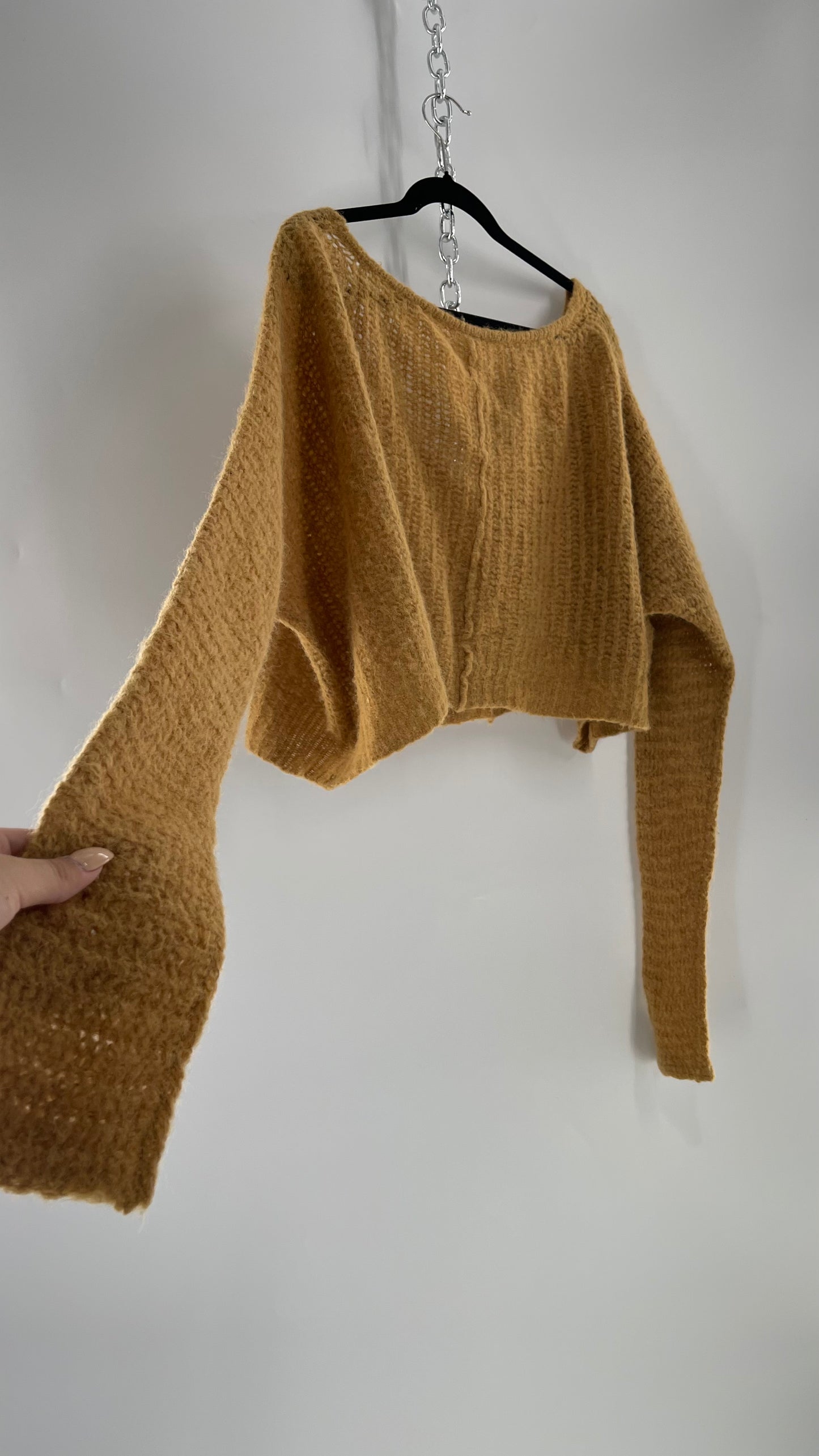 Free People Mustard Knit Cropped Sweater (XS) 88% Alpaca Fur