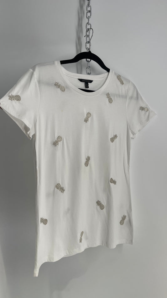 Banana Republic White Silver Embroidered Pineapple T Shirt with Tags Attached (Medium)