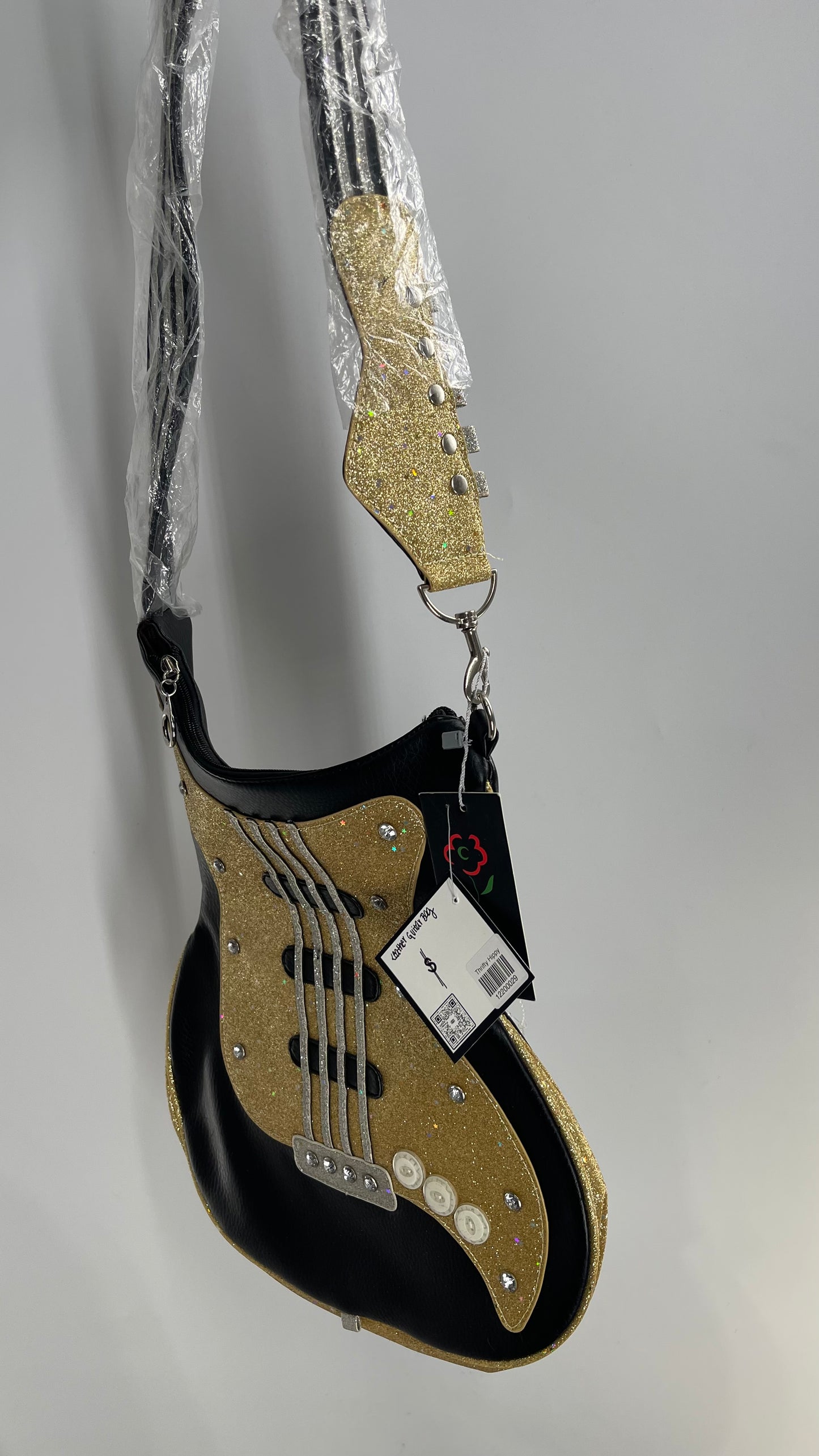 Deadstock Vintage Leather Glitter Guitar Purse with Fretboard Strap and Tags Attached