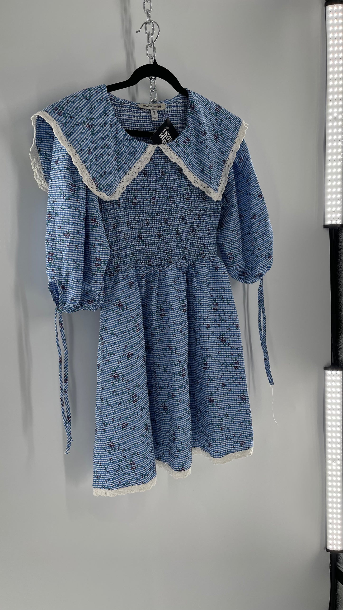 Urban Outfitters Blue Gingham Babydoll Dress with Lace Trim Collar and Smocked Bodice (Medium)