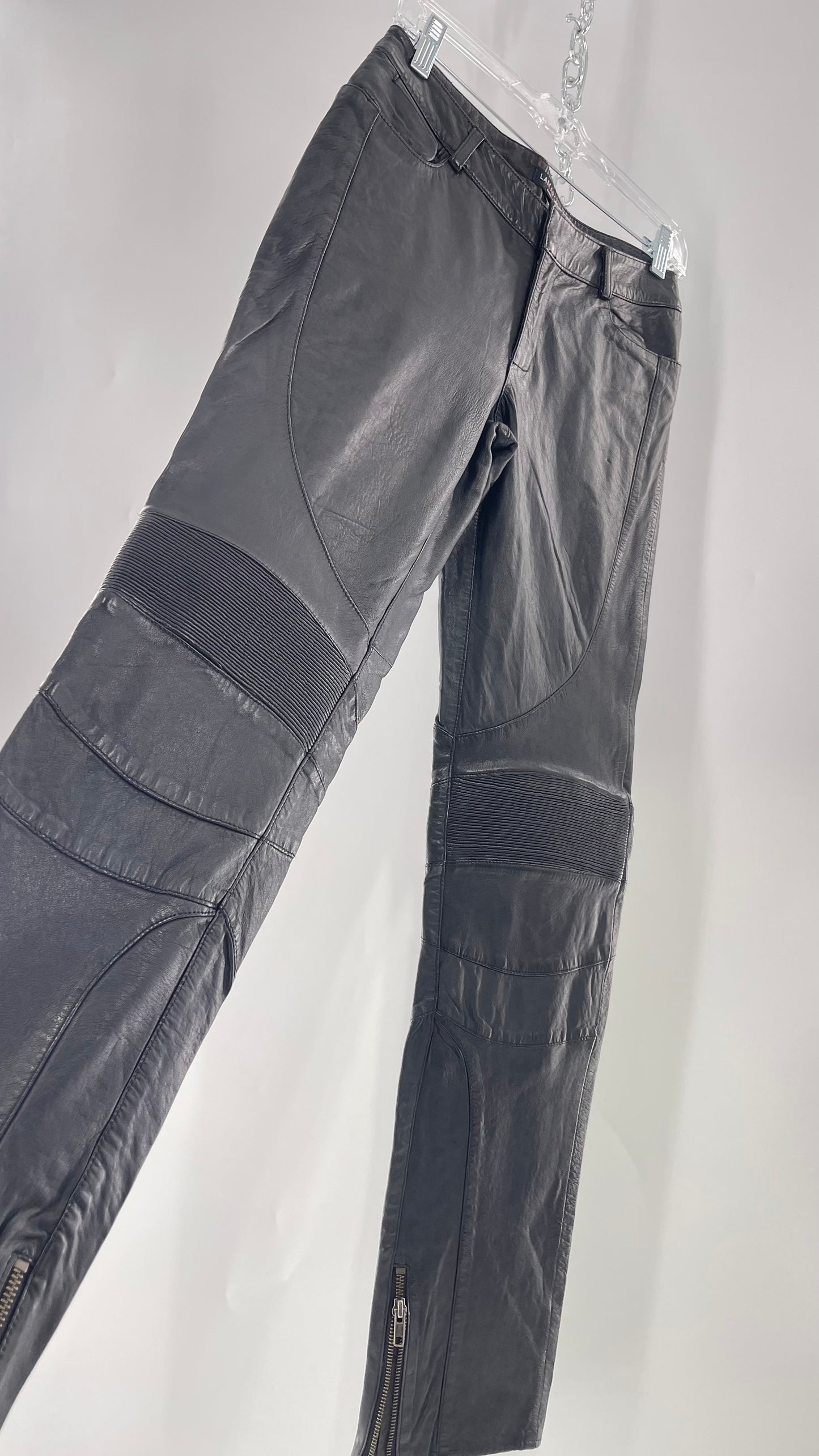 LAMARQUE 1990s Collection Vintage Black Leather Moto Style Pant with Panels, Ribbing and Zipper Details (6)