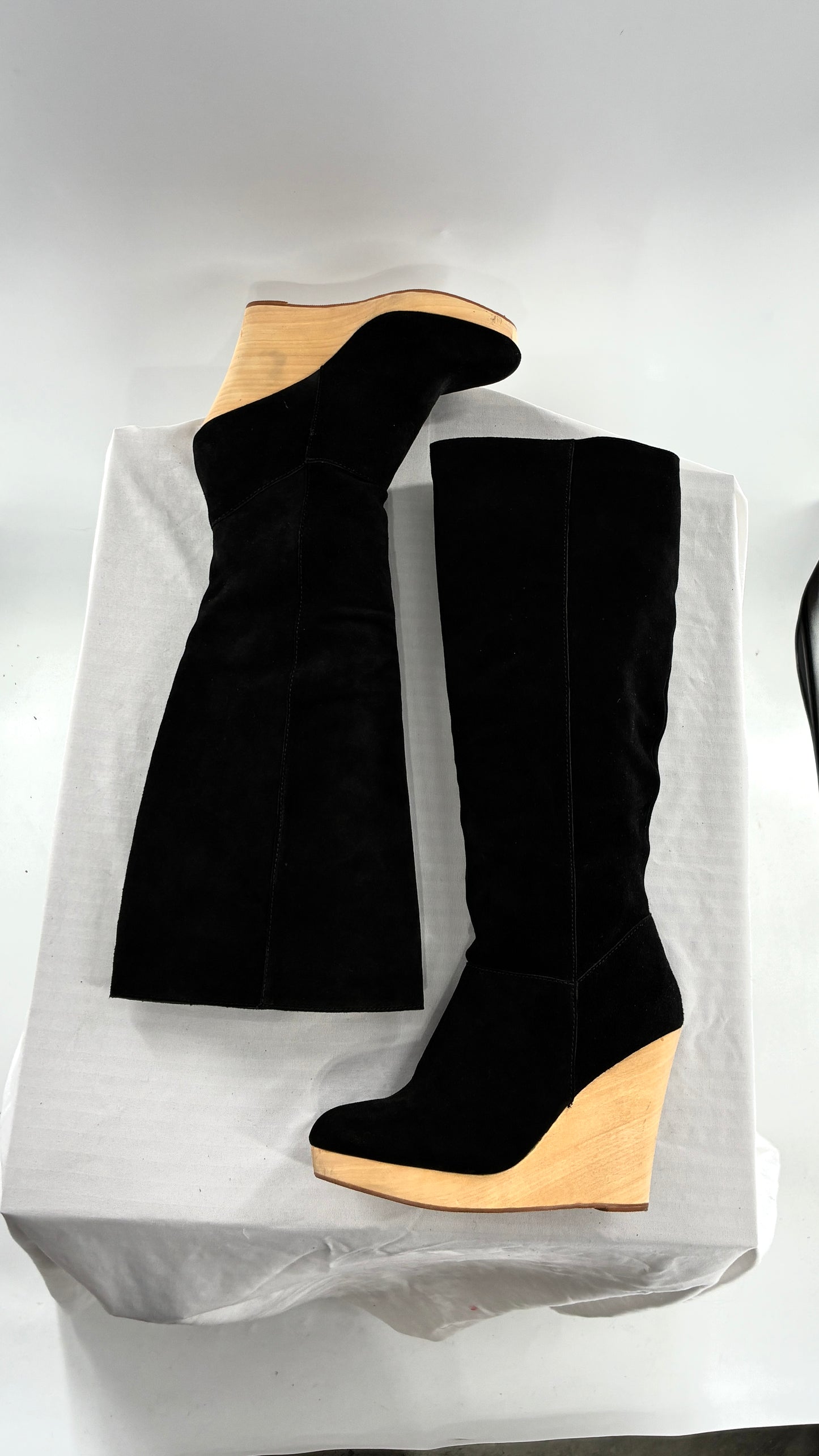 Vintage Black Genuine Suede Leather Knee High Boots with Skinny Wooden Wedge Heel (9)