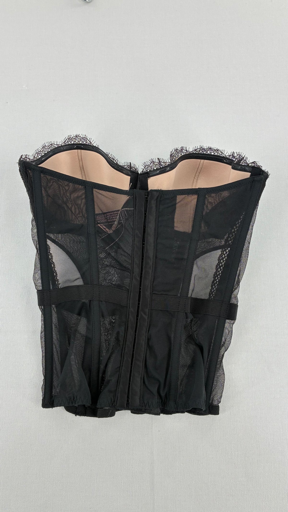 Deadstock Vintage VICTORIA’S SECRET Black Mesh Corset with Nude Cups and Tags Attached (32C)