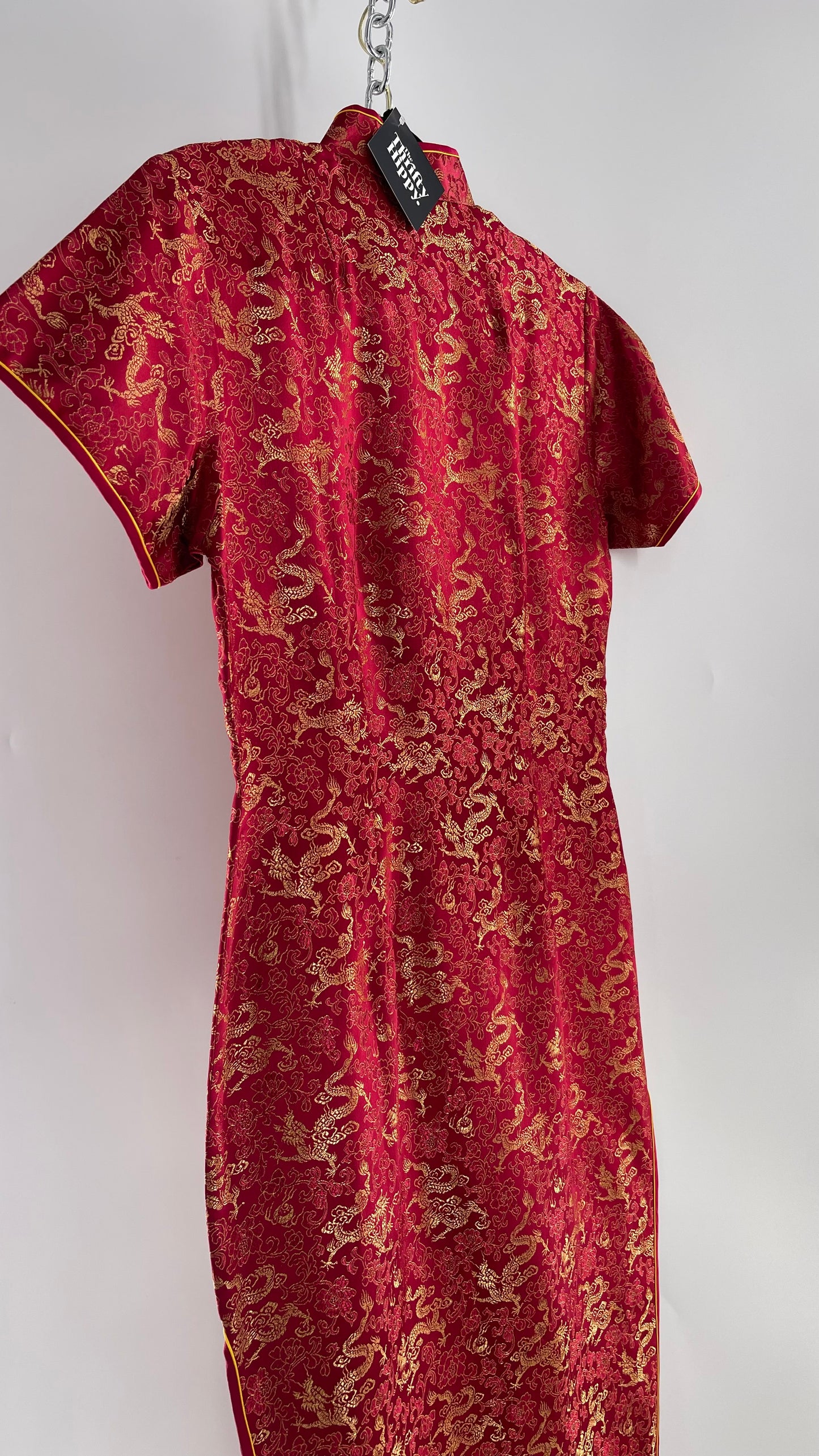 Vintage 1980s Chinese Red Silk Dragon Motif Printed/Embroidered Qipao (XL)