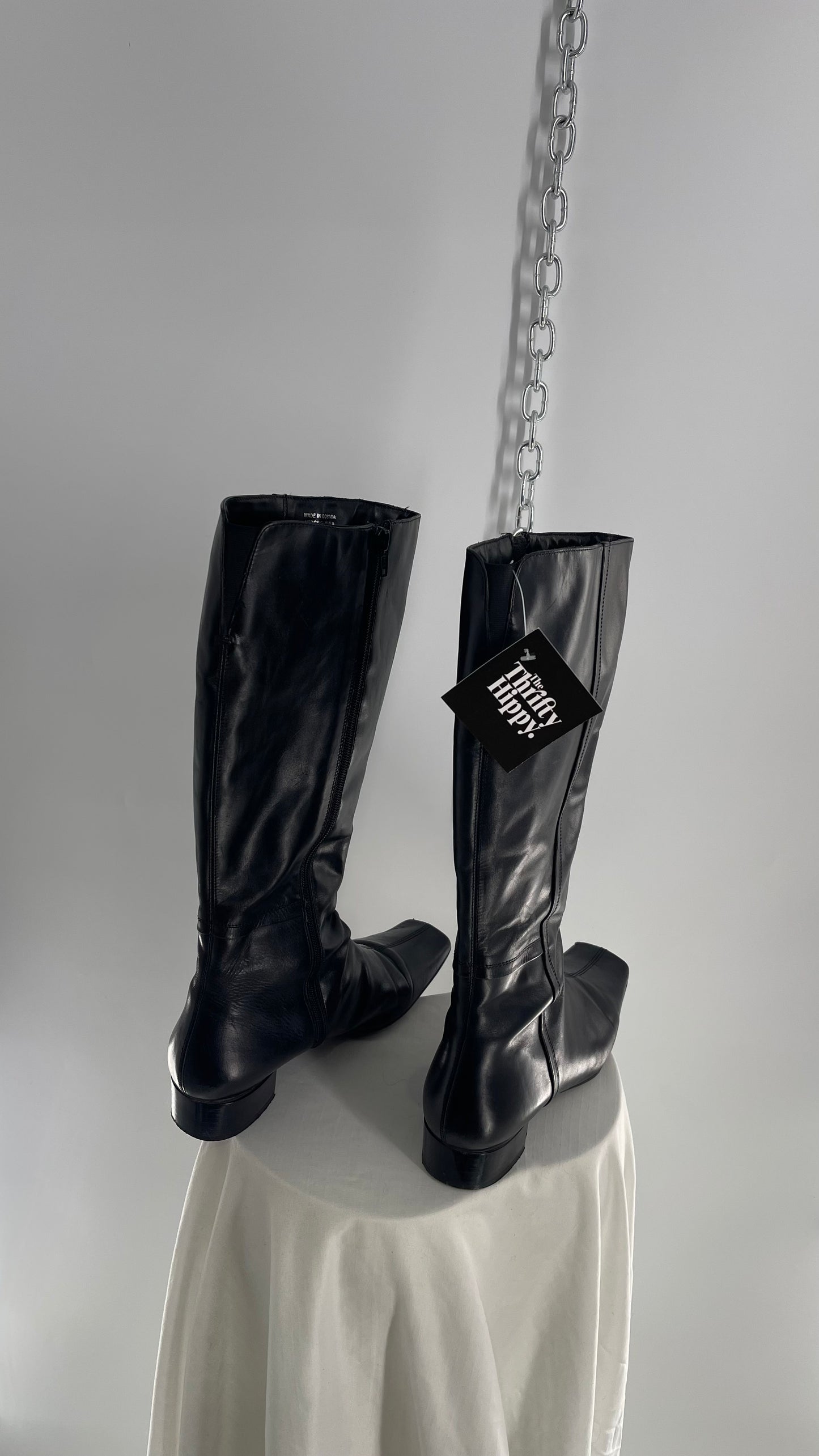 Vintage YKK Black Leather Square Toe Knee High Boot (40)