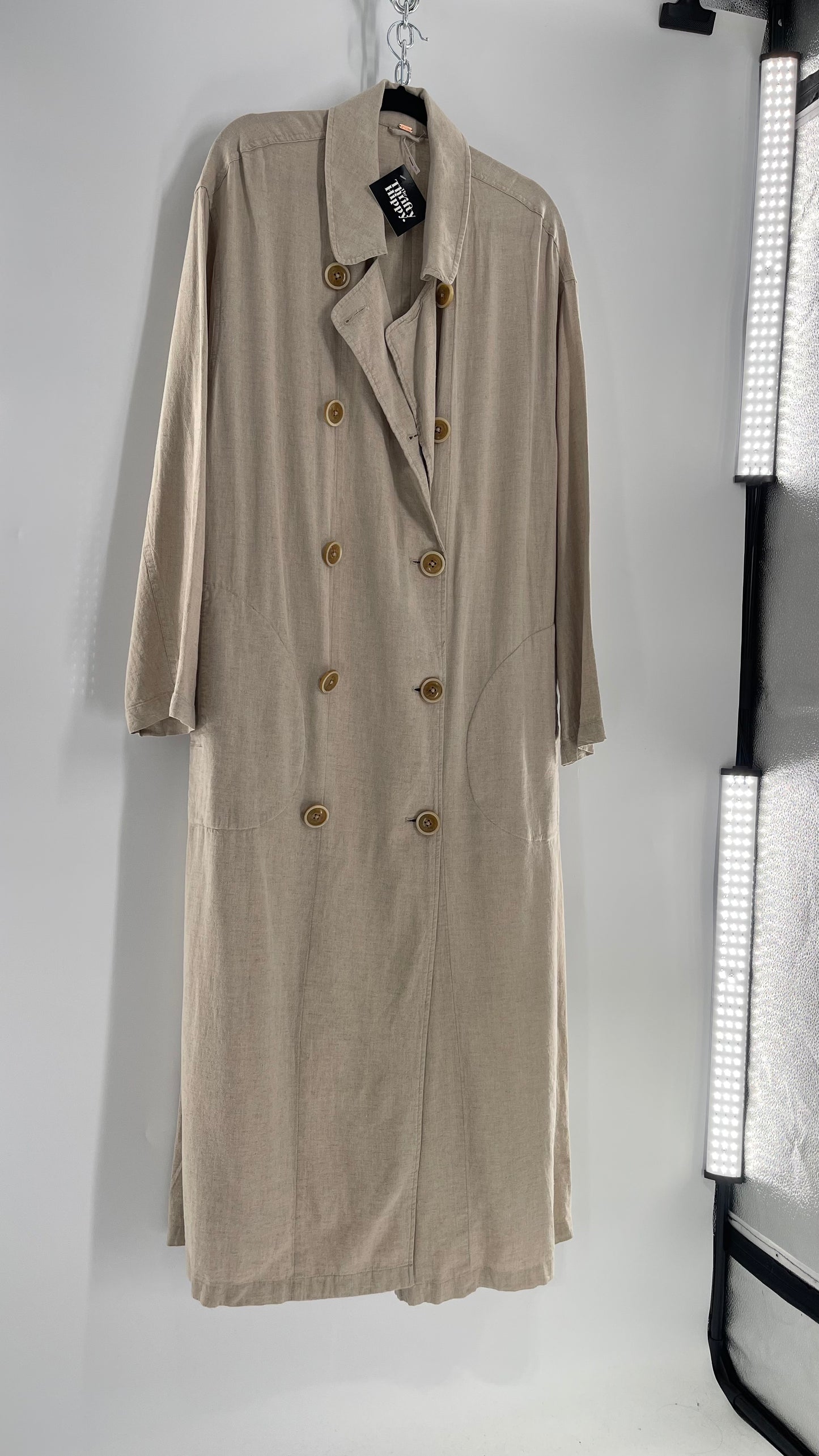 Free People Double Breasted Beige Linen Trench Coat with Brown Buttons and Tags Attached