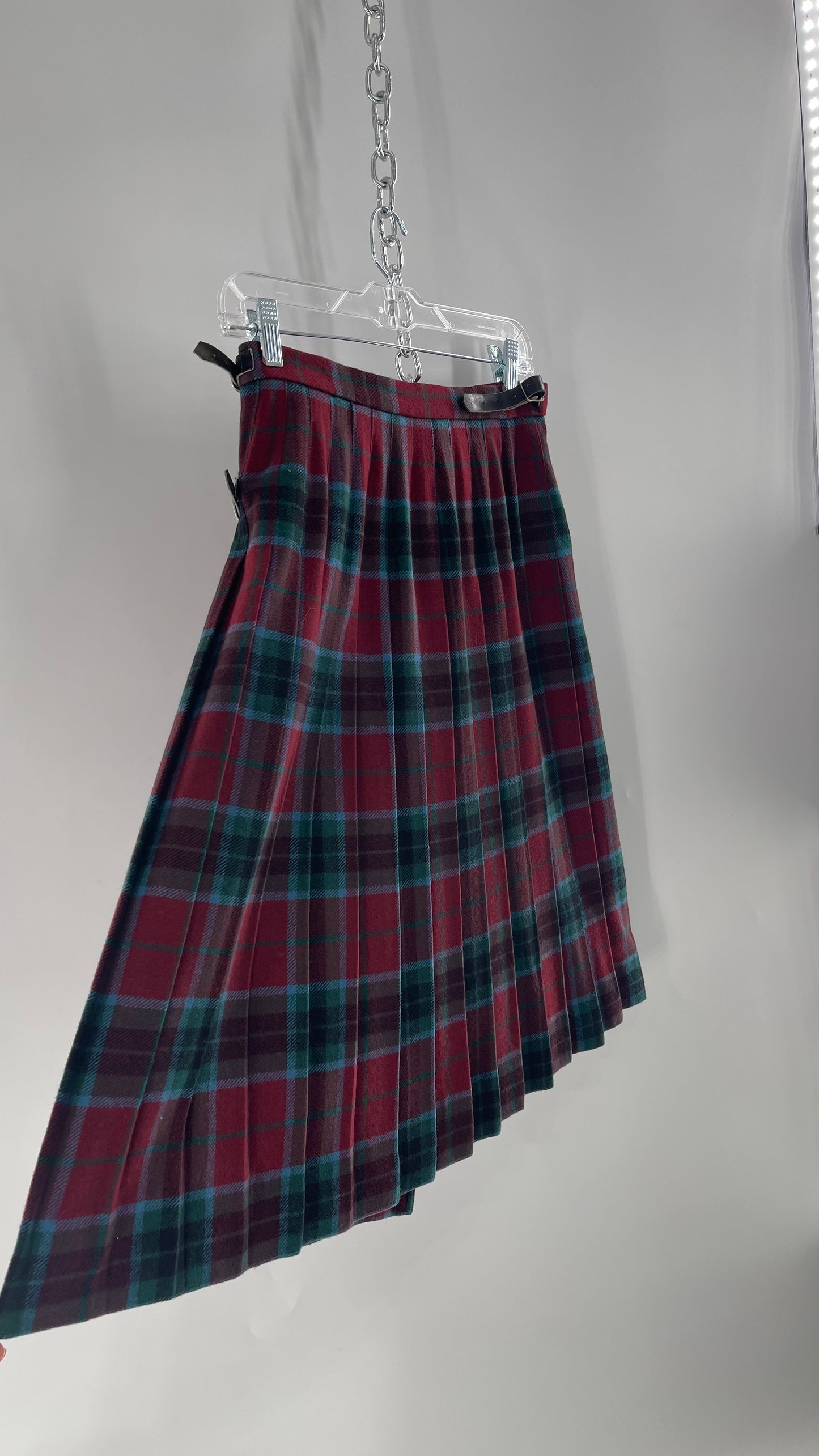 Vintage Clan Crest Pure New Wool Tartan Plaid Skirt with Oversized Pin Made in Scotland (36)