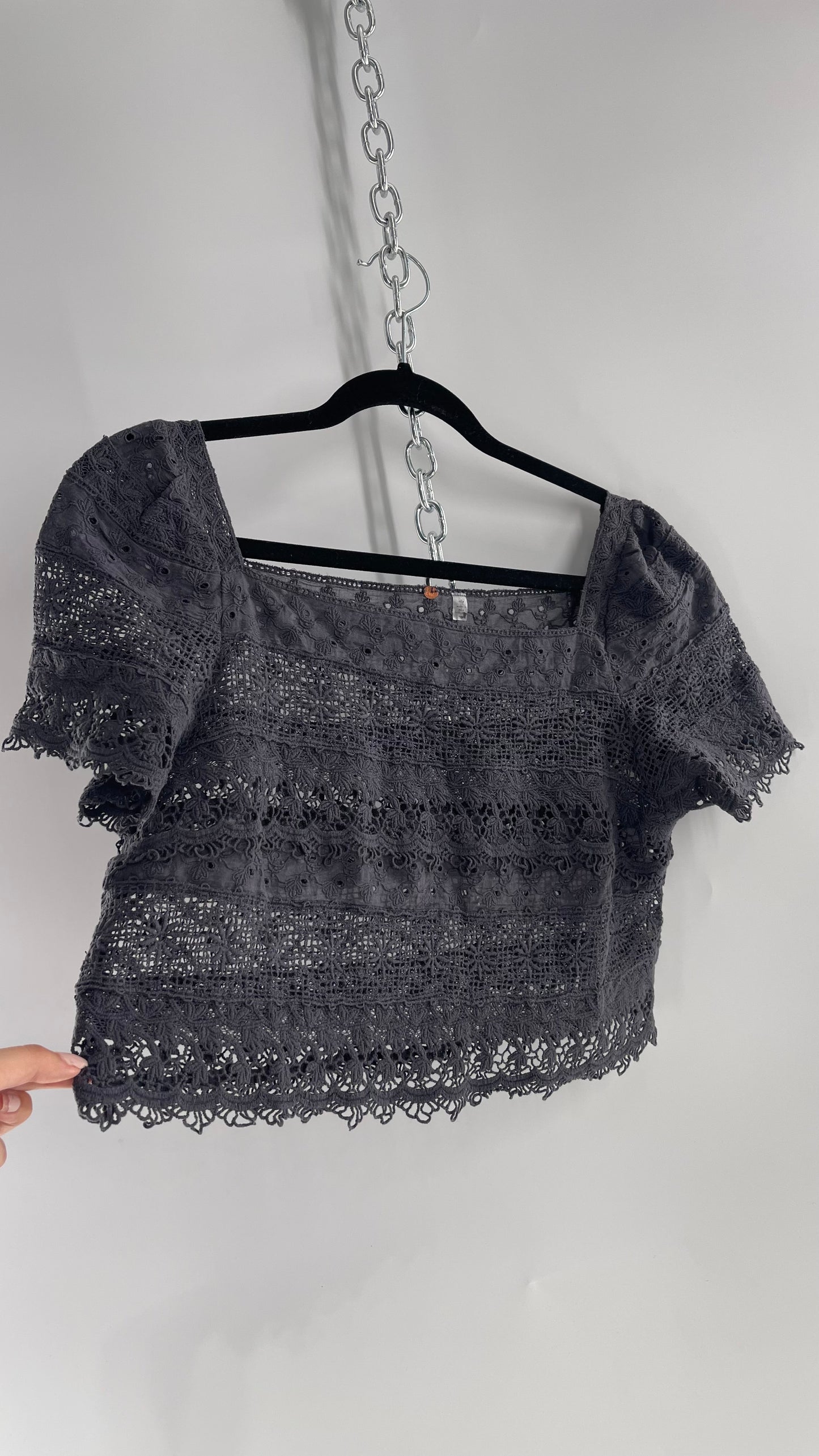 Free People Dark Gray Lace Short Sleeve with Tags Attached (Small)