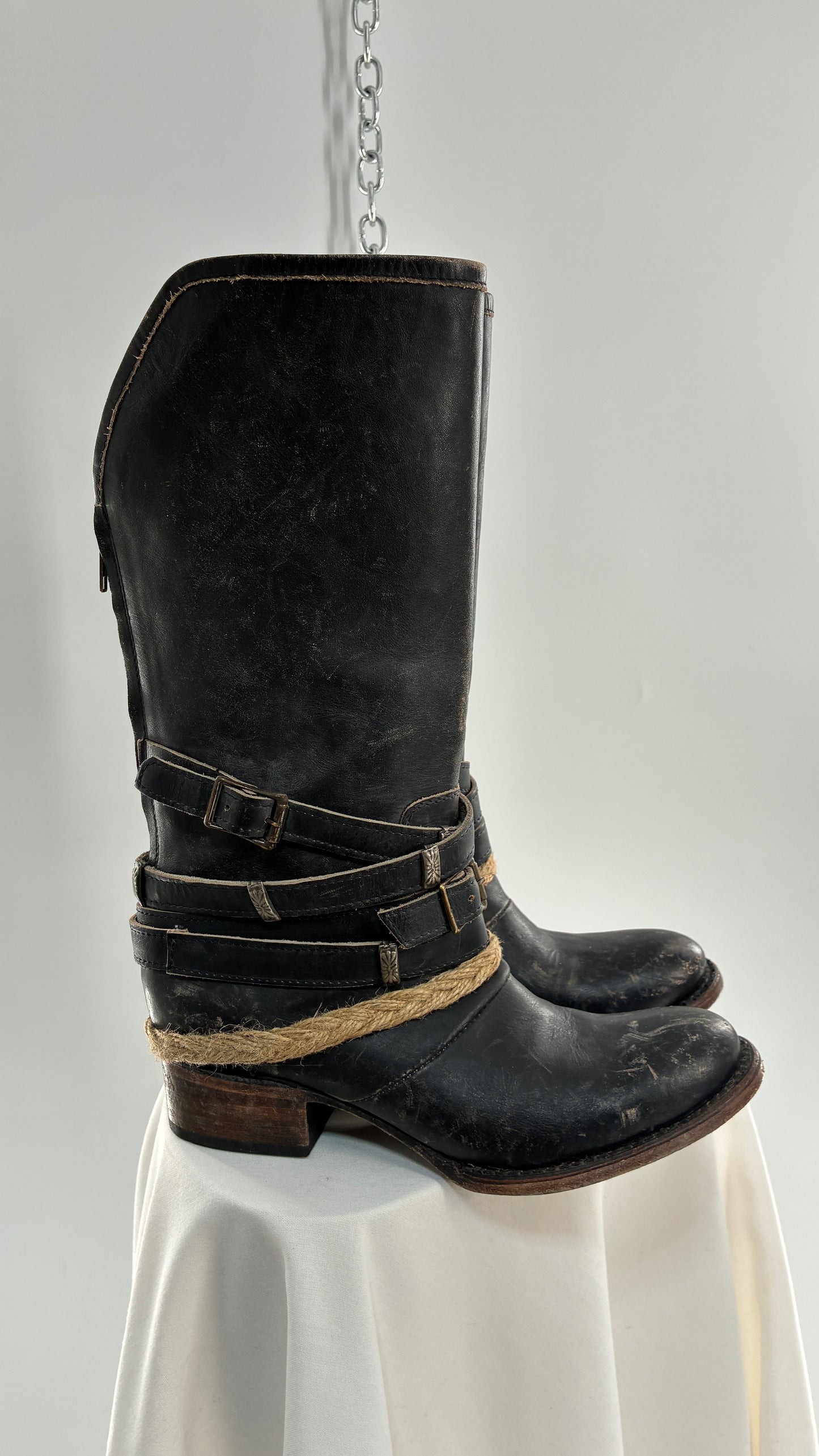 Vintage FREEBIRD Drove Distressed Black Leather Boot with Buckle Detailing (8)