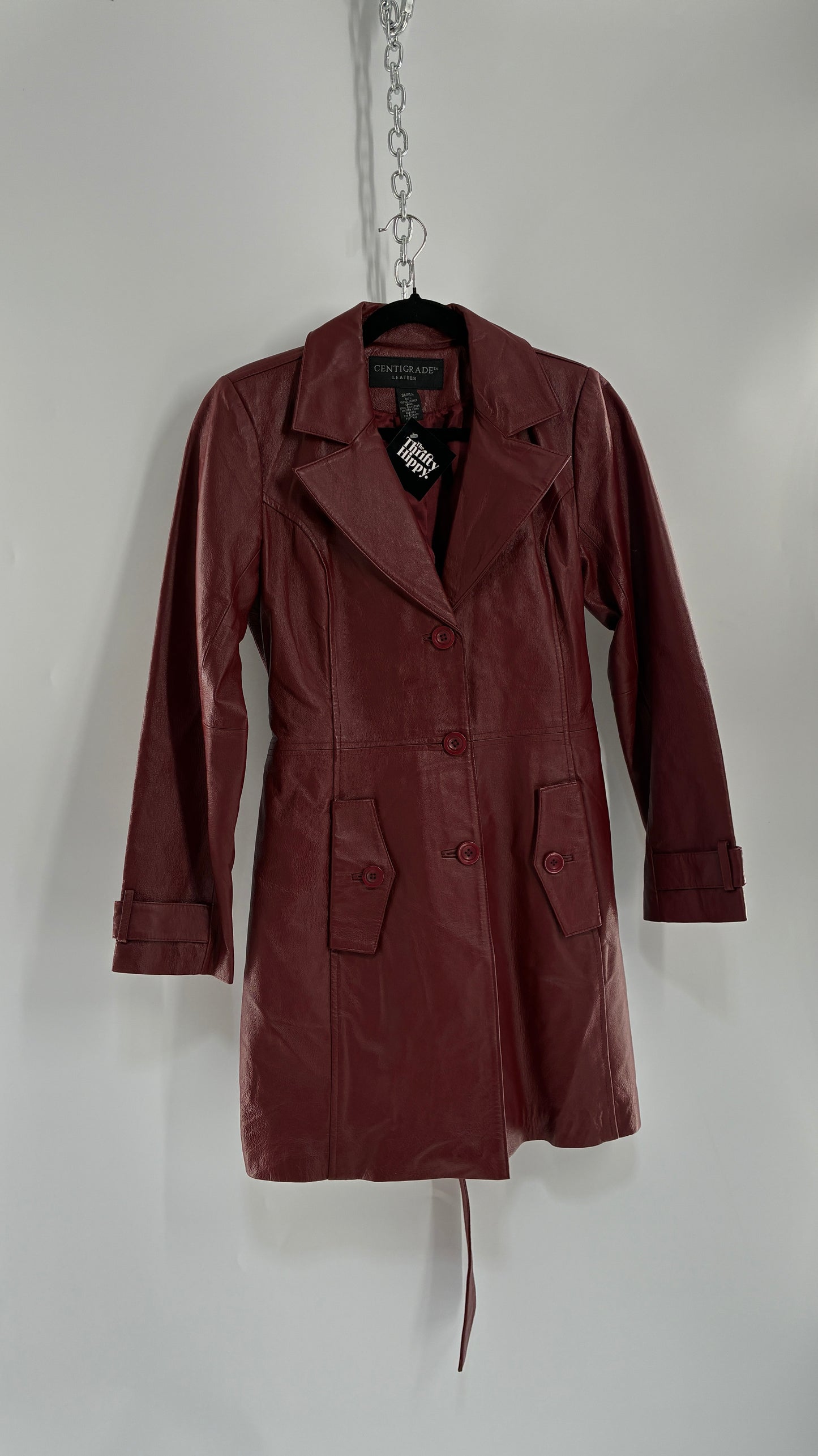 Vintage 1990s CENTIGRADE Red Crimson Genuine Leather Trench Coat (Small)