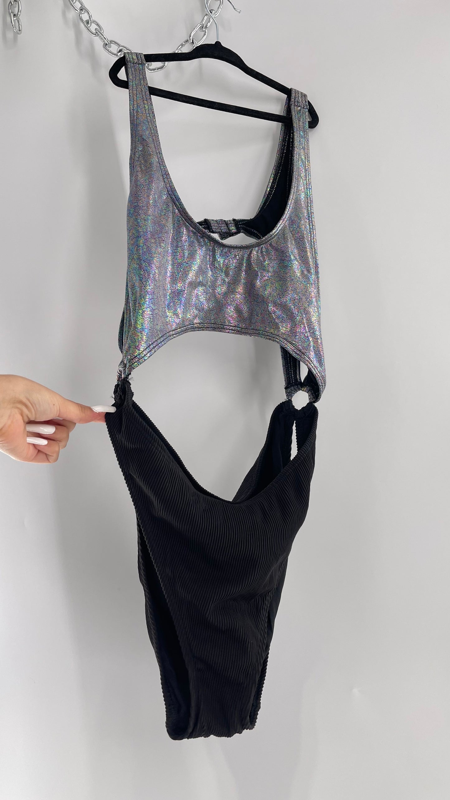Urban Outfitters Out From Under Bathing Suit Metallic Gas Spill Top and Ribbed Black Bottom Connected by Rings (Large)