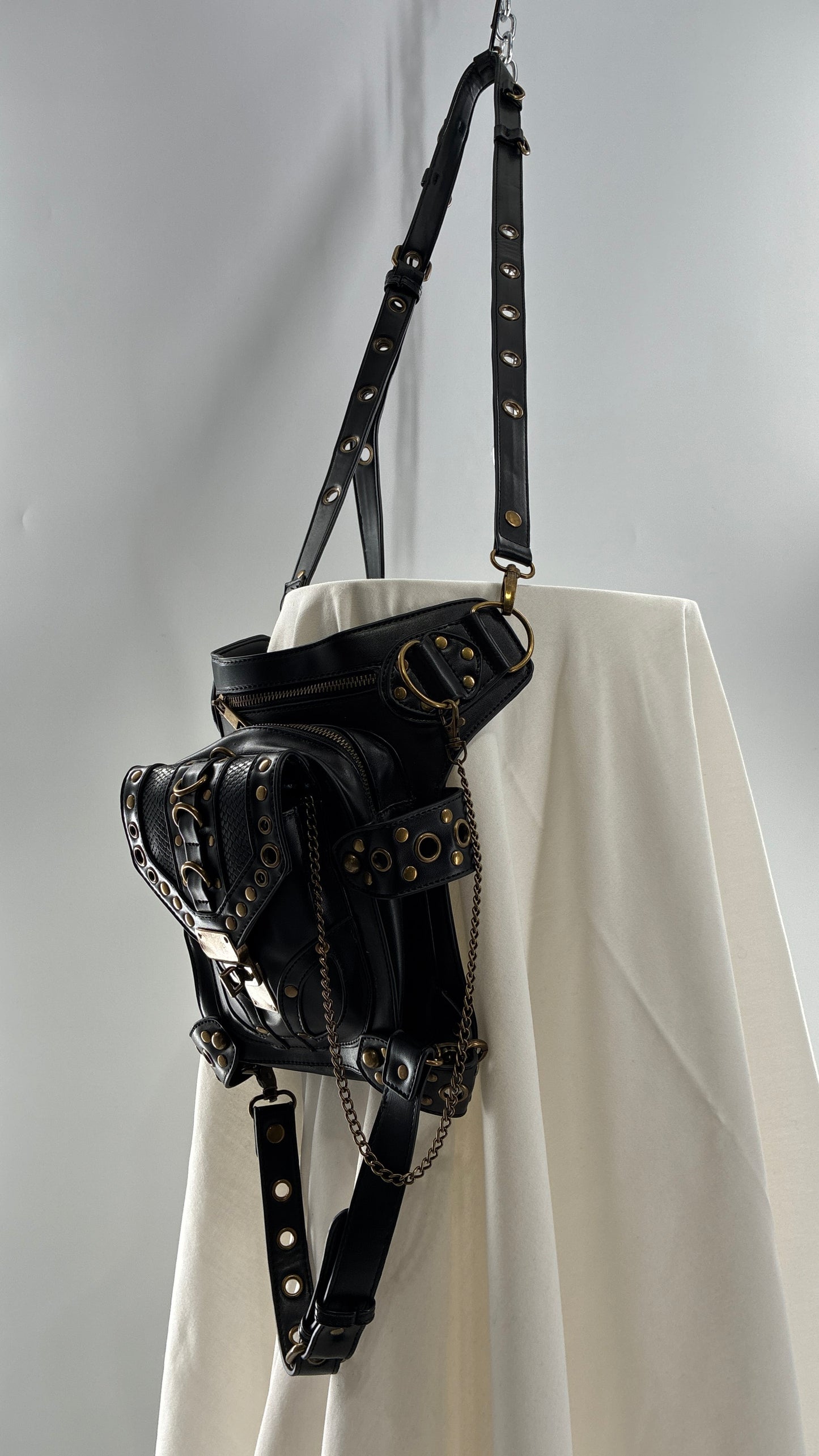Vintage Bronze Studded, Leather Thigh Strap Crossbody Bag