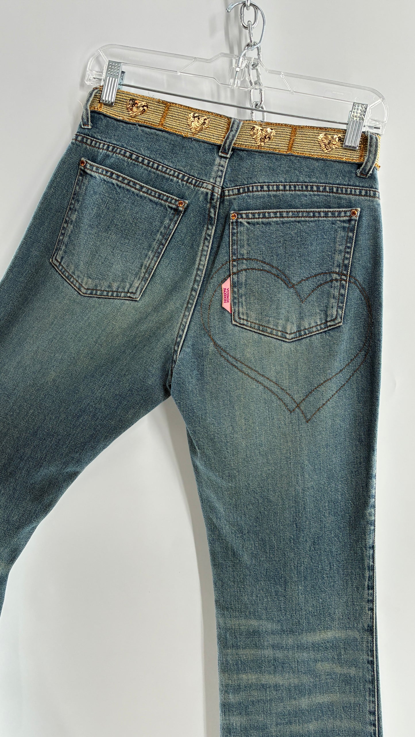 Vintage VOYAGE PASSION Kick Flare Light Wash Jeans with Heart Embroidered Bum and Gold Sequin Belt (28)