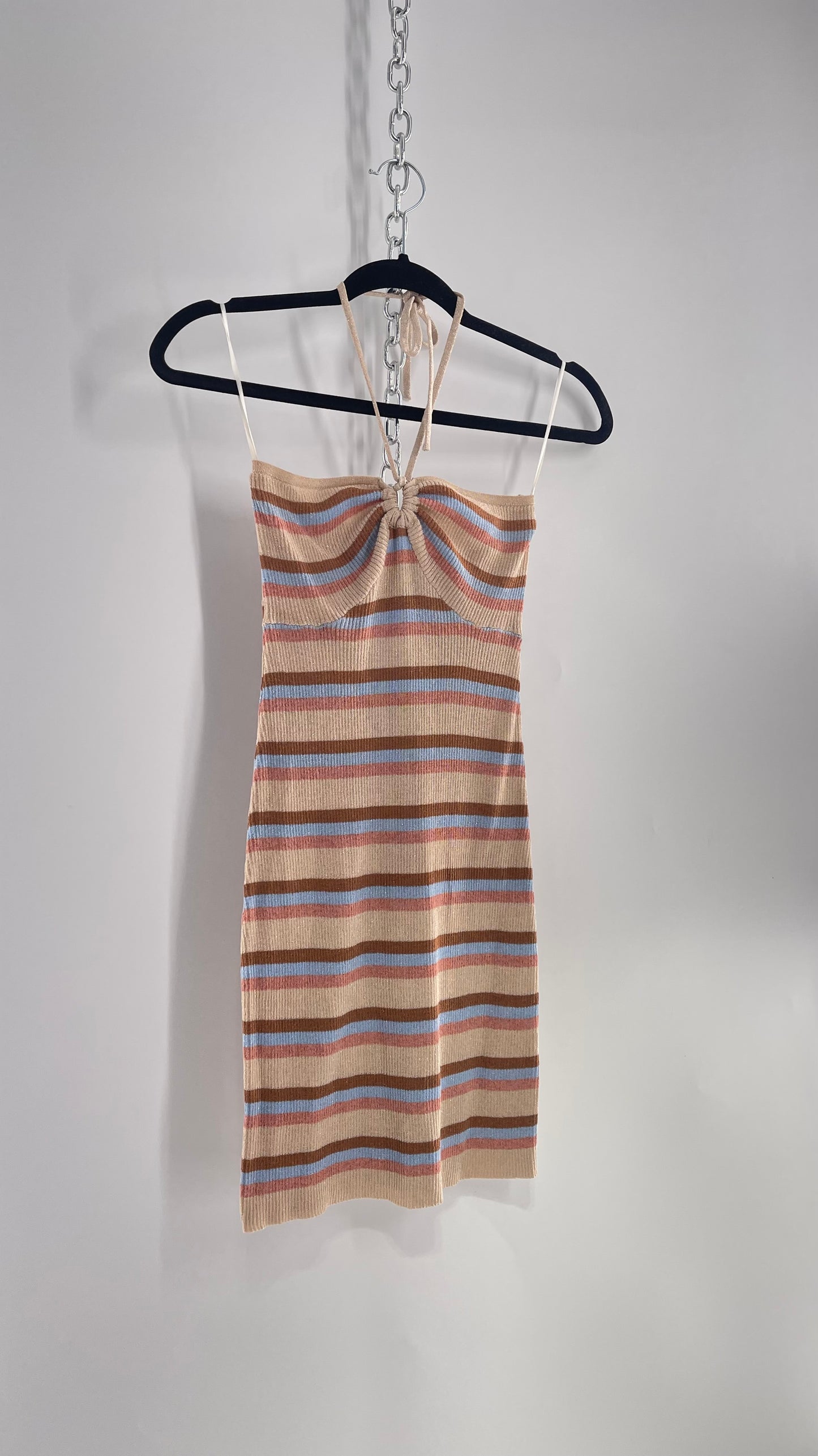 Princess Polly Beige/Blue/Pink Striped Glitter/Tinsel Knit Mini Dress (XS/S)