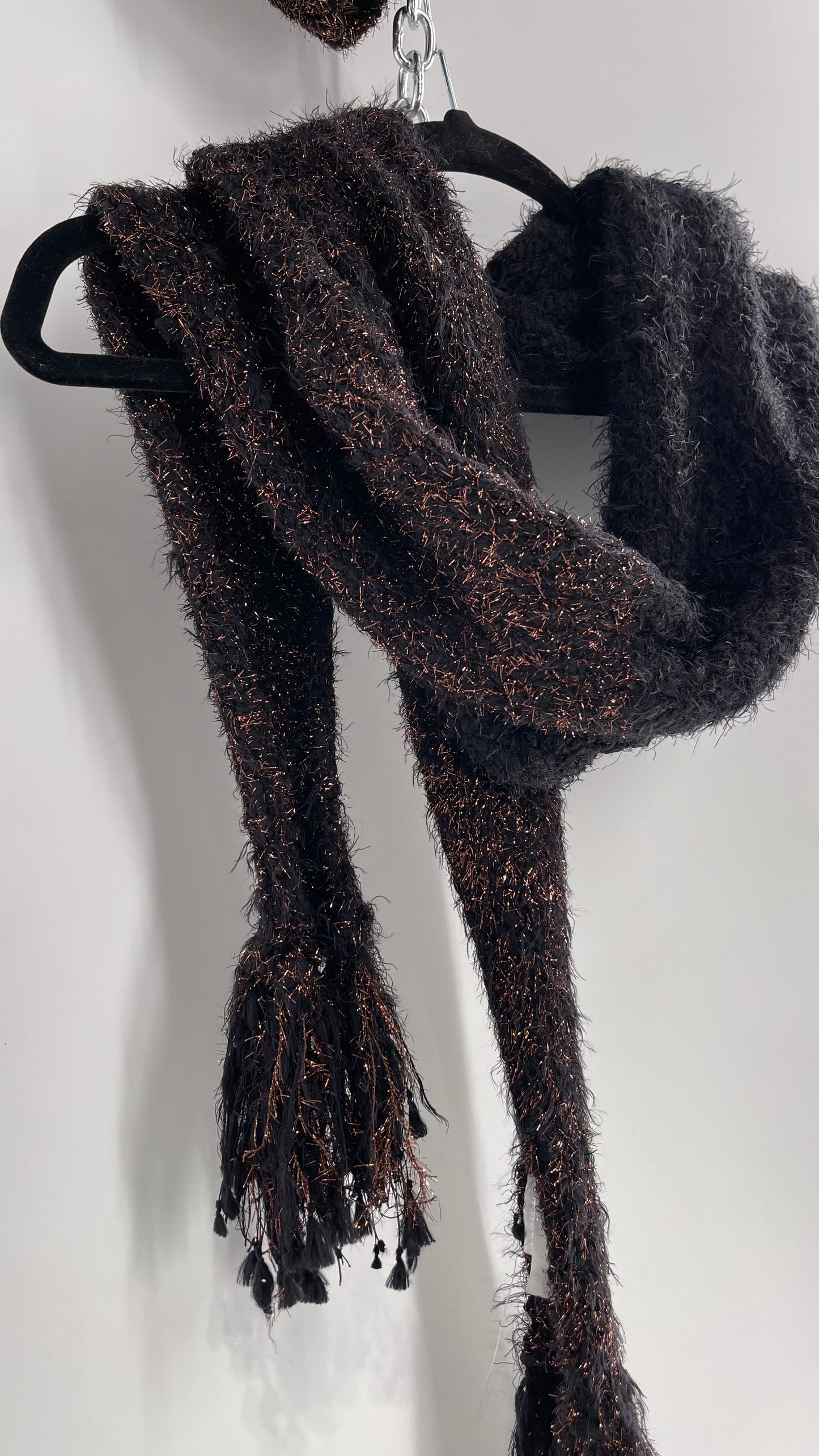 Anthropologie Bronze Tinsel Black Knit Beanie and Skinny Pom Scarf 2pc Set with Tags Attached