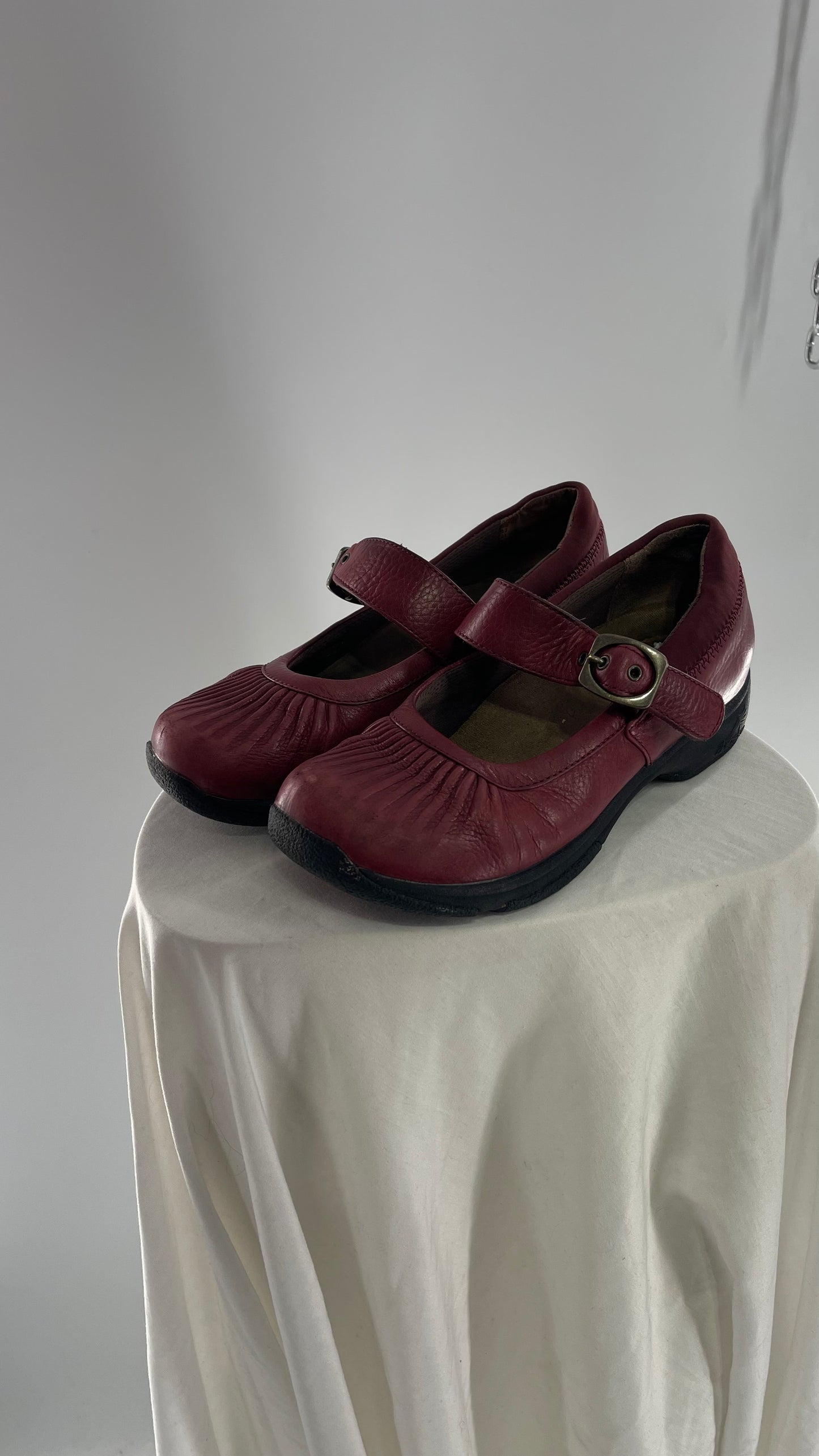 Vintage Red Leather Mary Janes with Pleated Front (38)